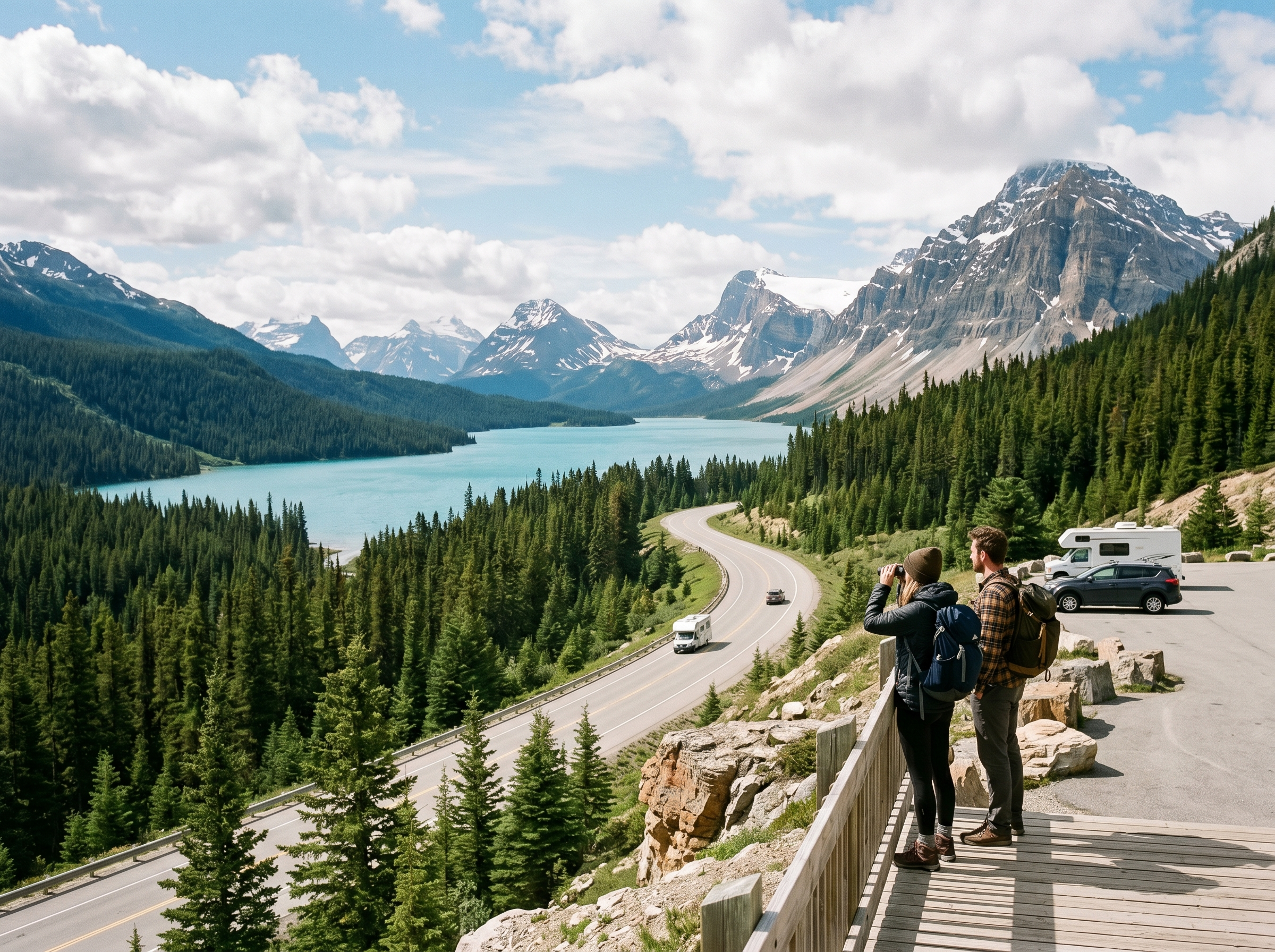 North America travel scene with scenic mountains, roadtrip, and wilderness