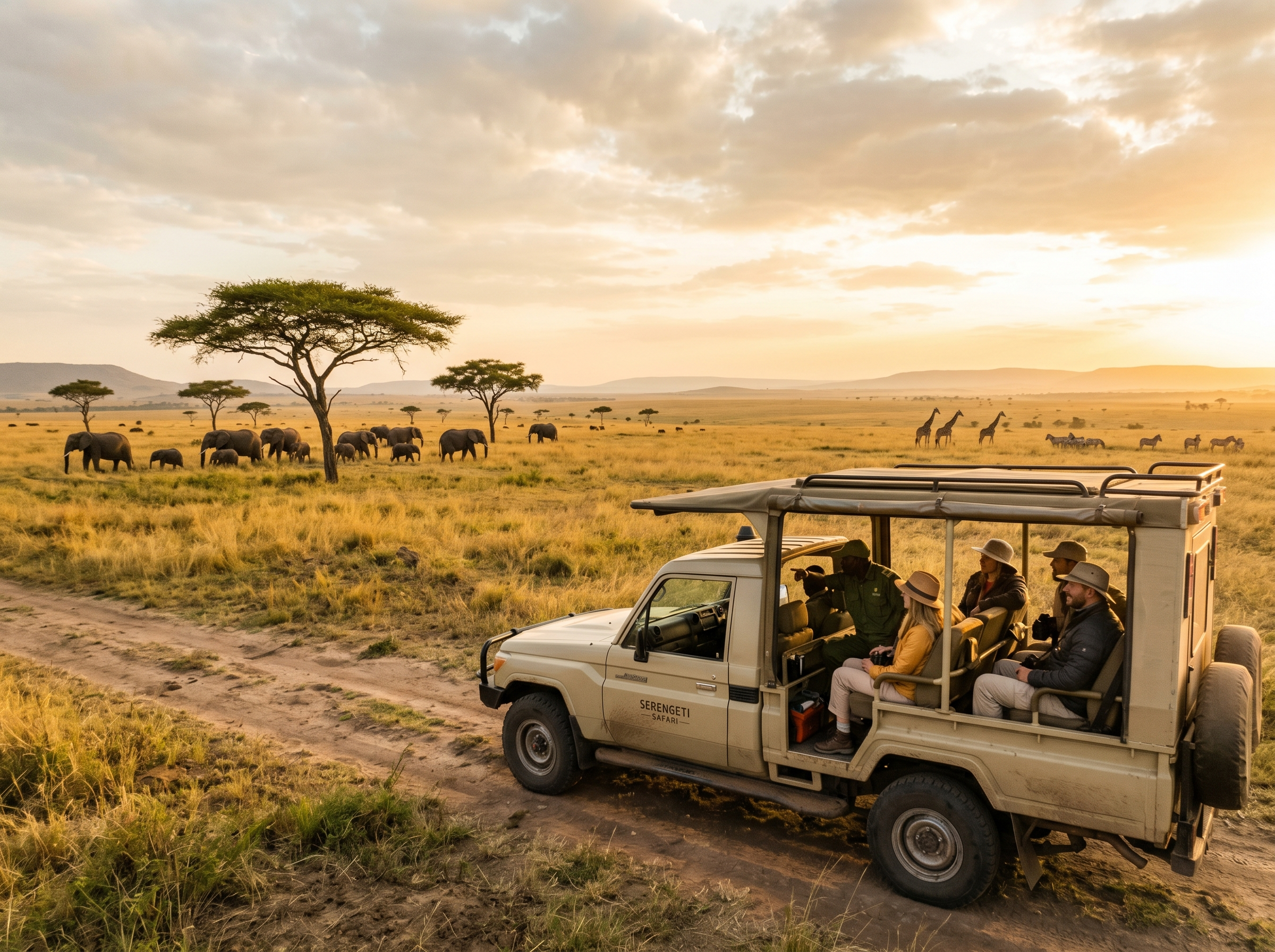 Africa travel scene with safari landscape and golden light