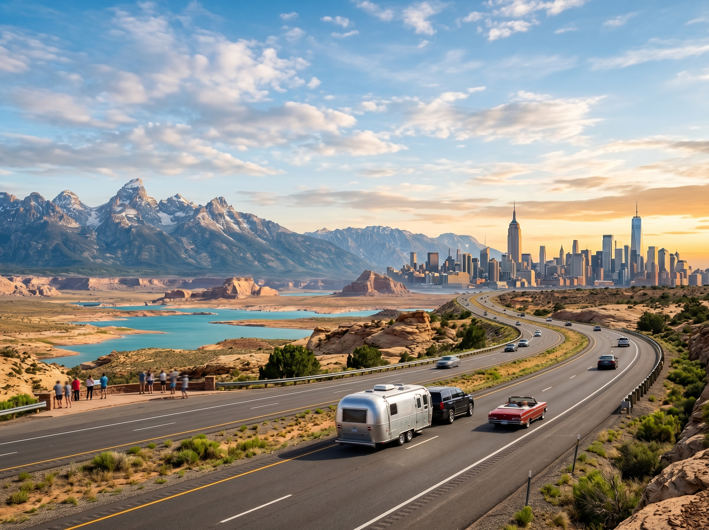 USA travel scene blending city skyline and open-road travel