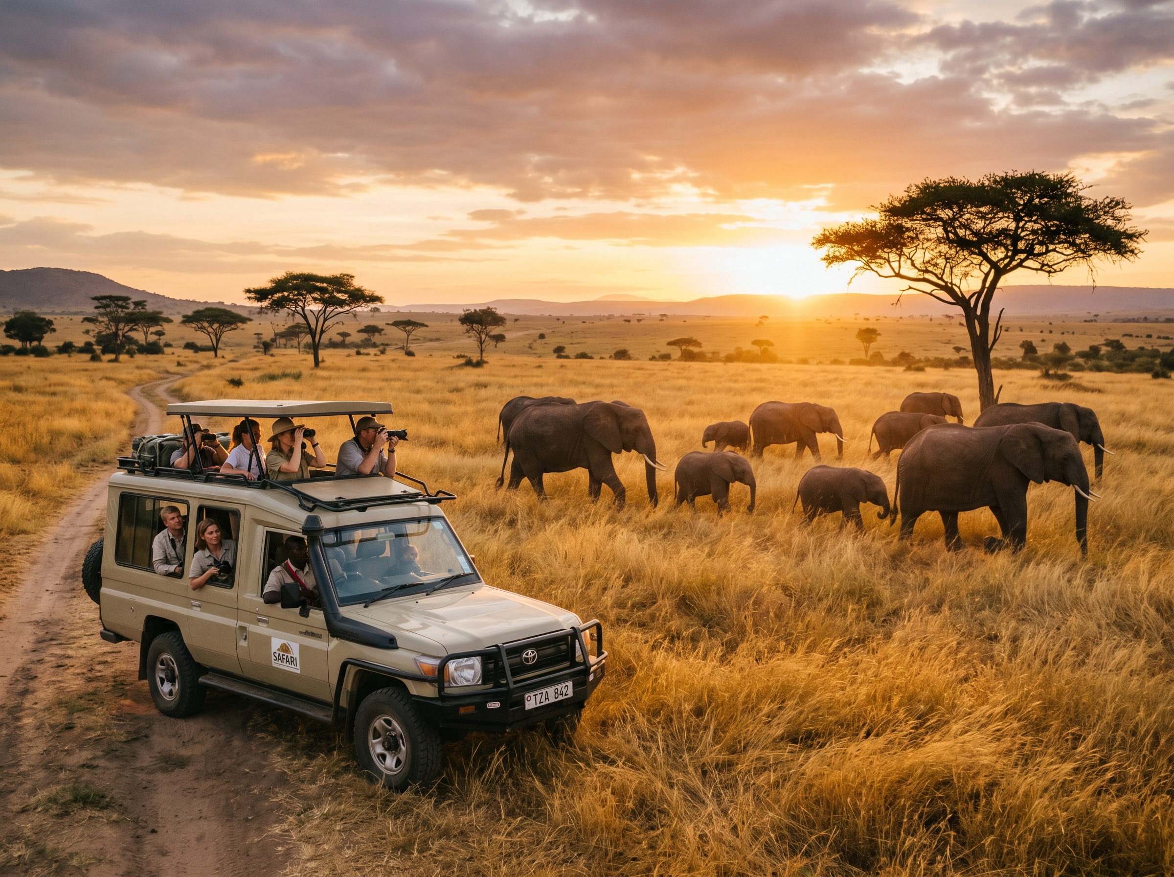 Safari jeep watching wildlife in African savanna