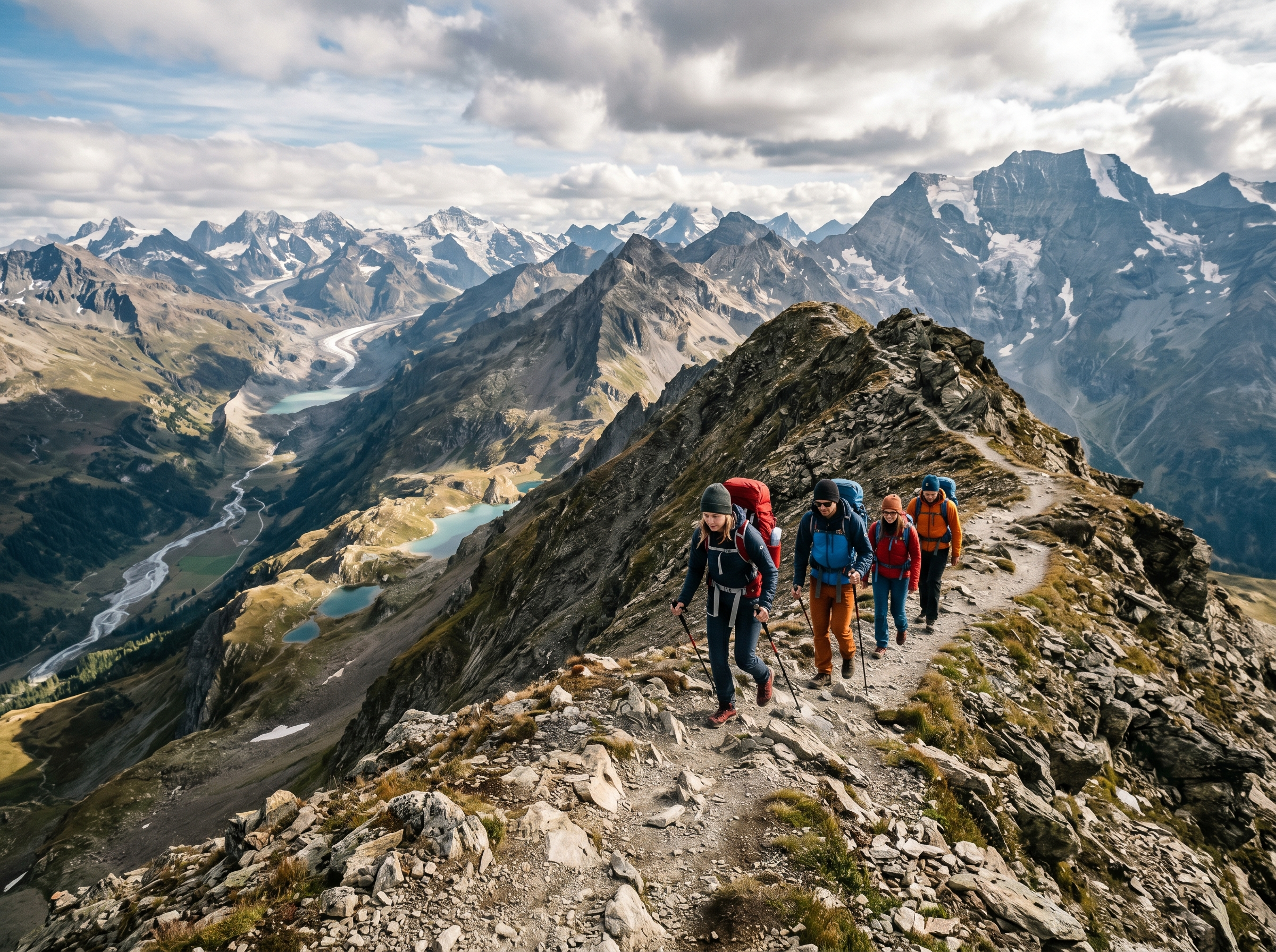 Small hiking group trekking along dramatic mountain ridge
