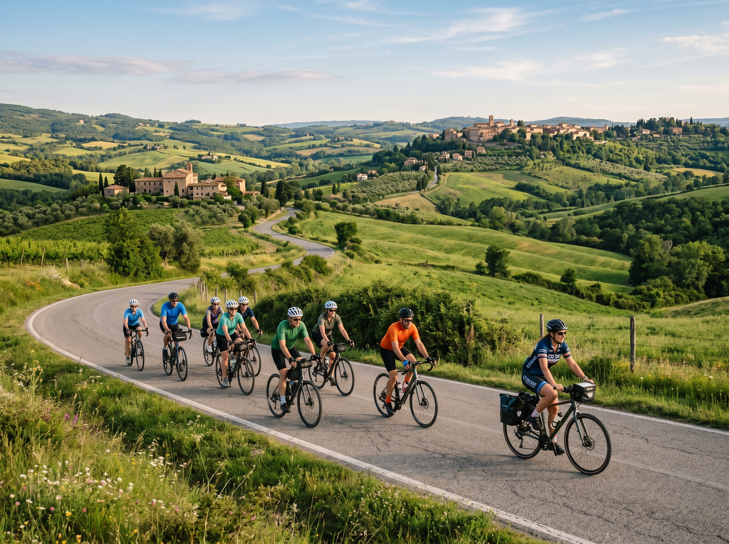 Guided cycling group riding through scenic countryside
