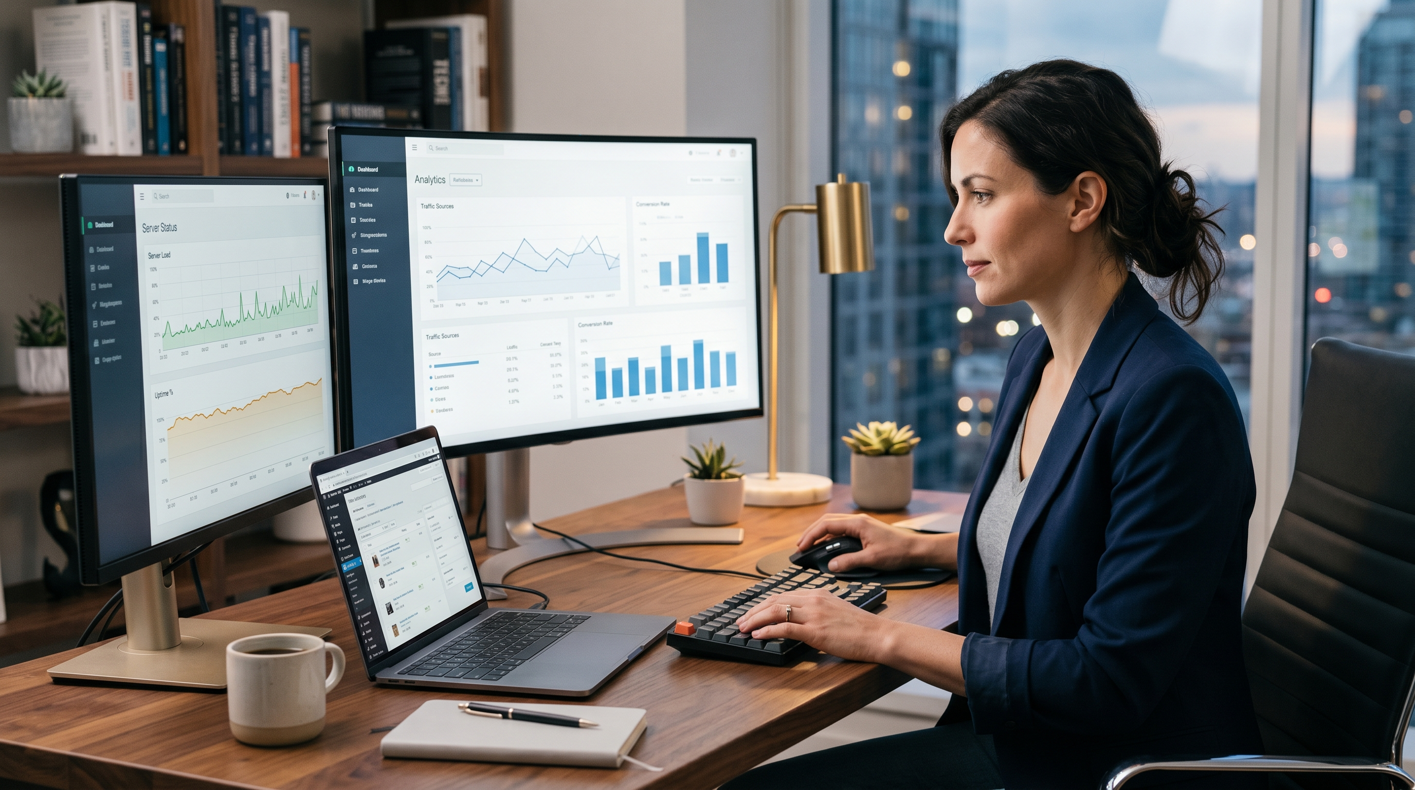 Website owner reviewing hosting performance dashboards and analytics