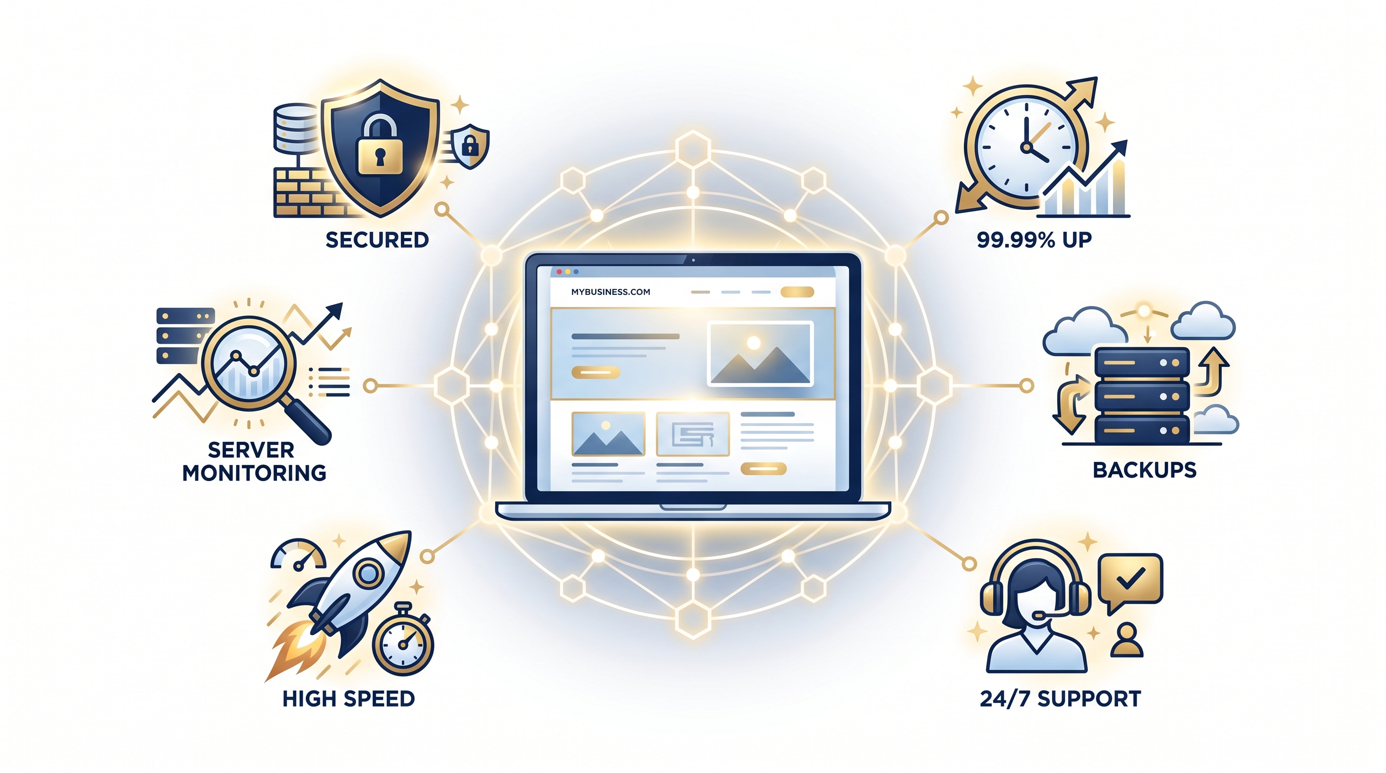 Managed hosting concept with website security uptime backups support and monitoring icons
