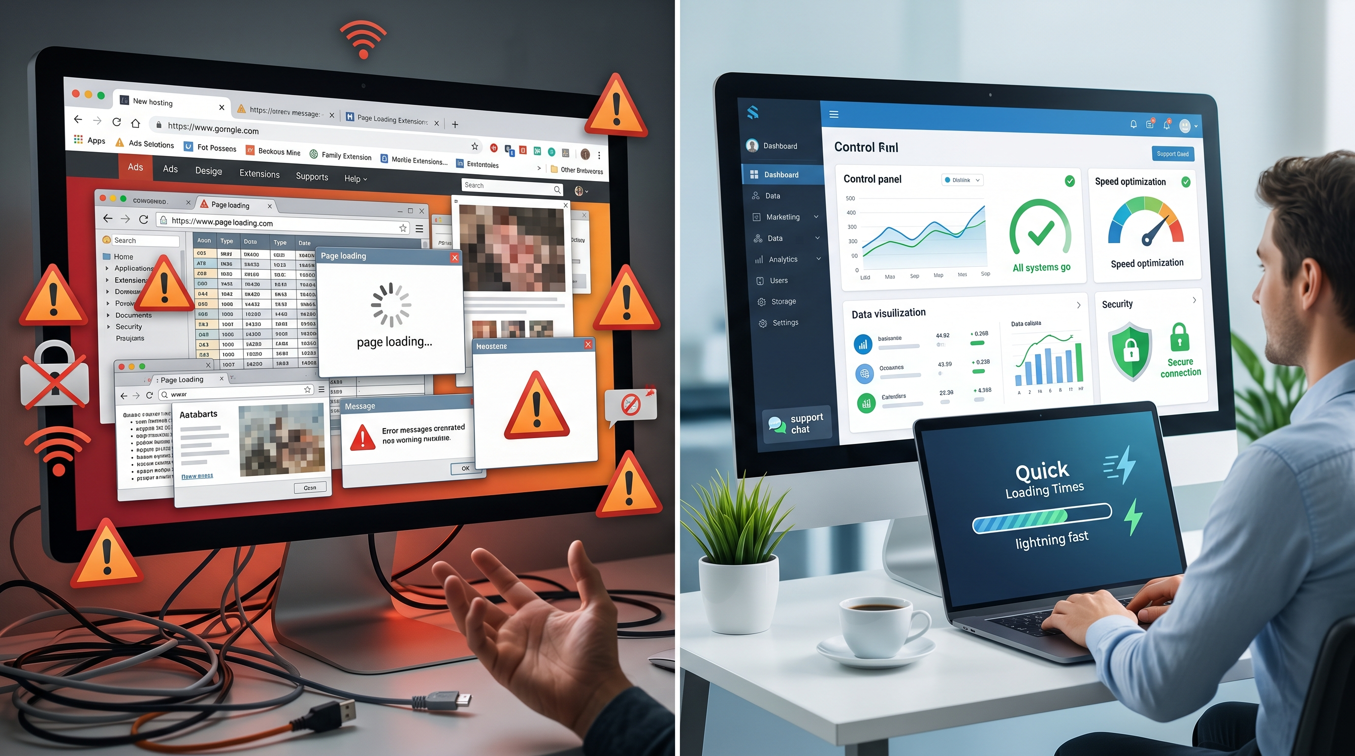 Comparison between messy cheap hosting and clean premium managed hosting