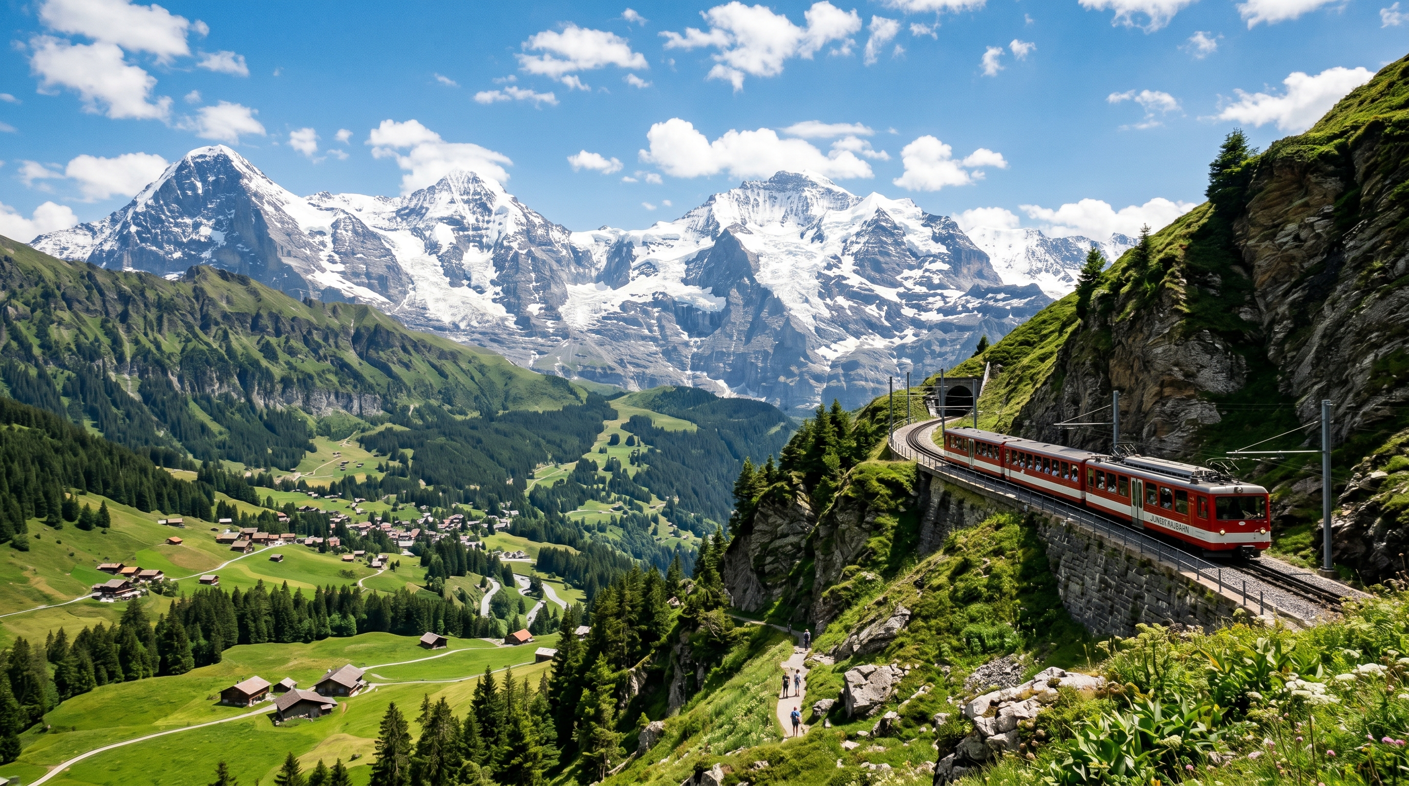 Swiss Alps scenic mountain railway passing alpine valleys and snowy peaks