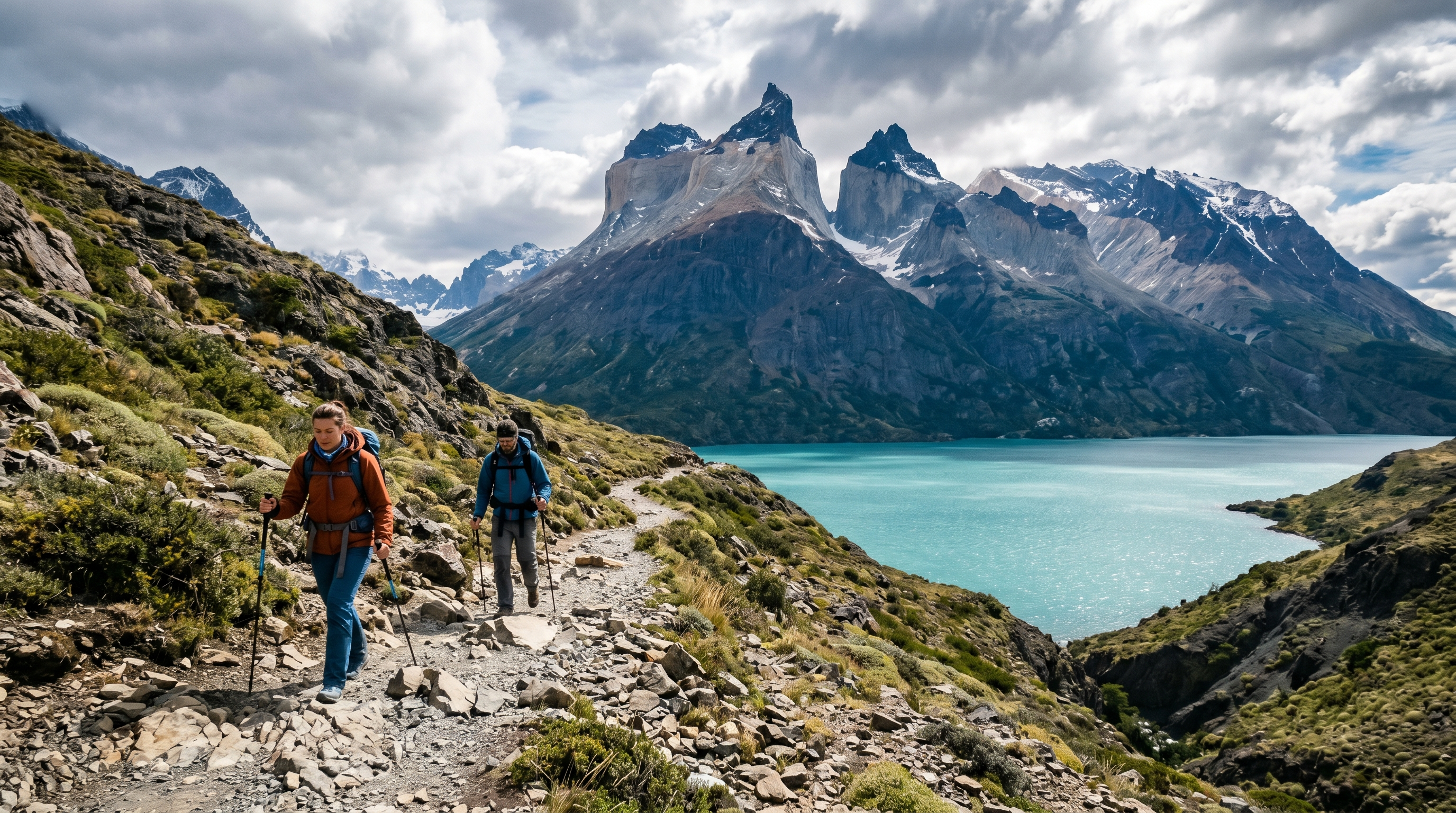 Patagonia Torres del Paine granite peaks and hikers near a glacial lake