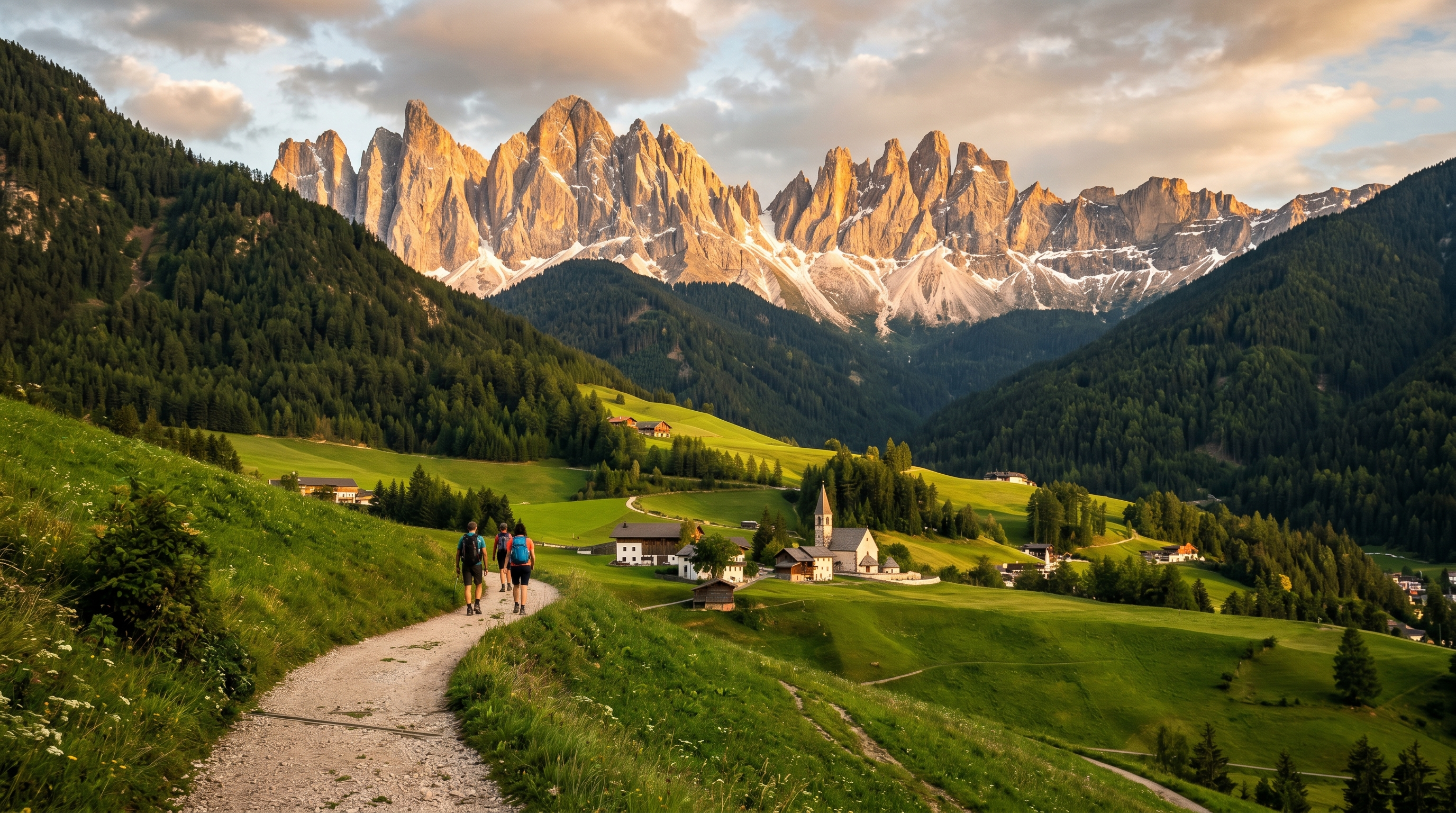 Italian Dolomites limestone mountain peaks with alpine village and hiking trail