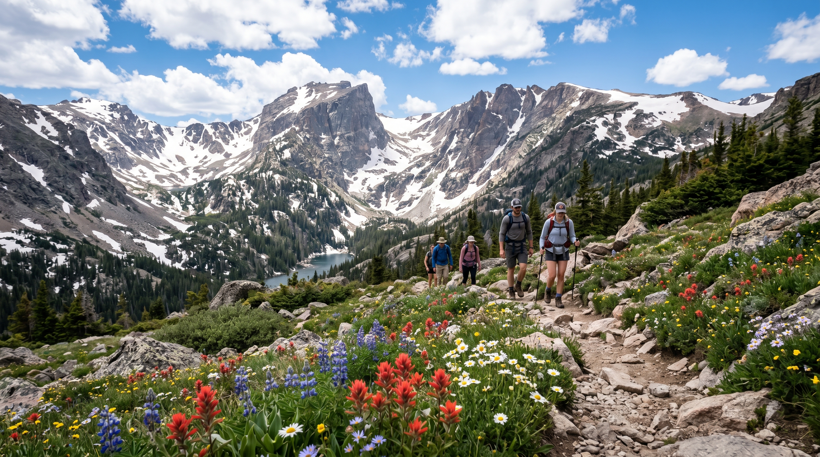 Rocky Mountain National Park alpine hiking trail with wildflowers and snow capped peaks