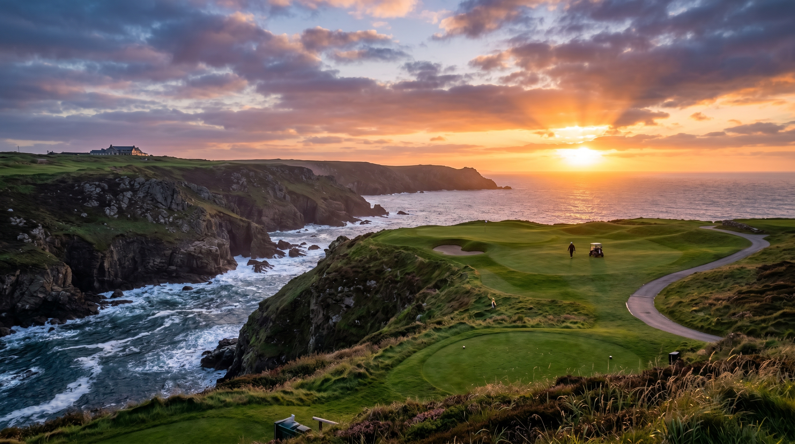 Luxury golf course on coastal cliffs at sunrise for a golf travel tour