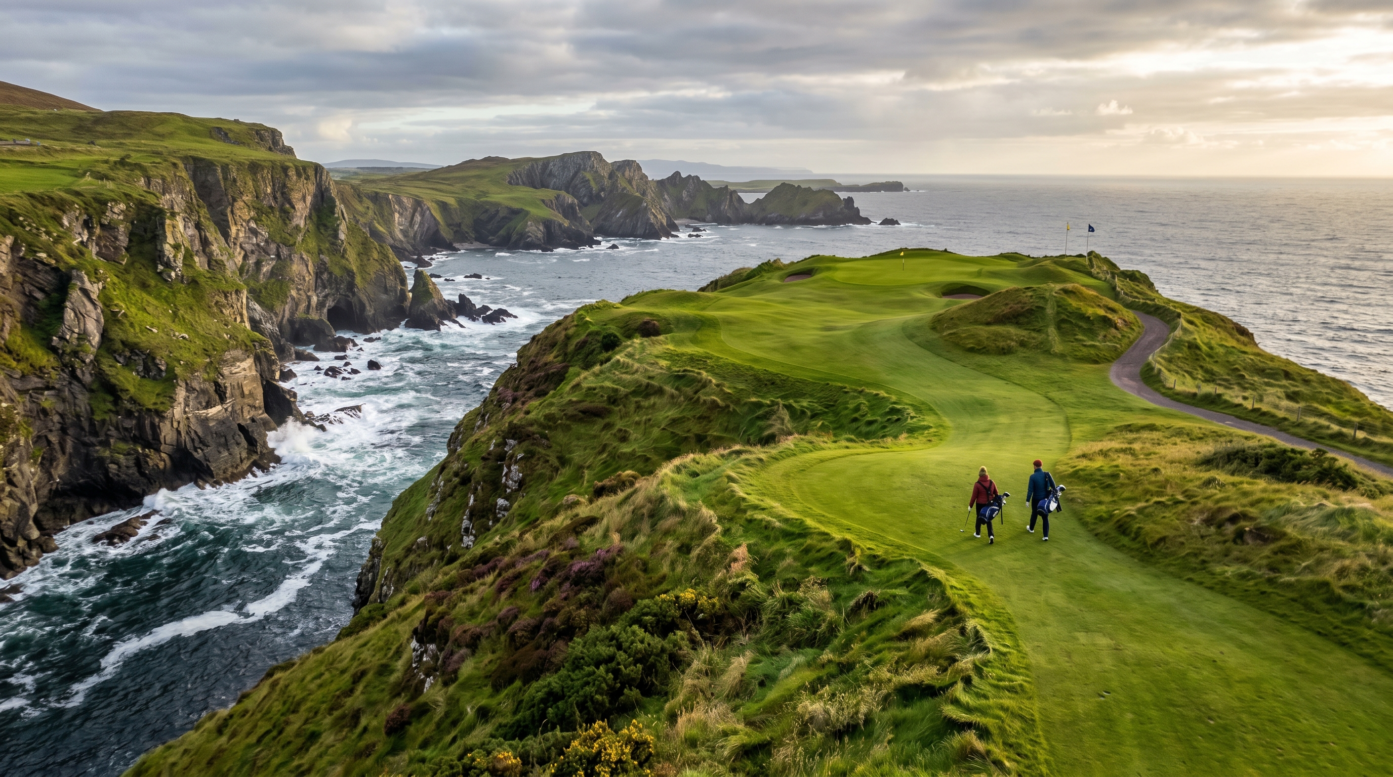Ireland coastal golf course with rolling green fairways and cliffs