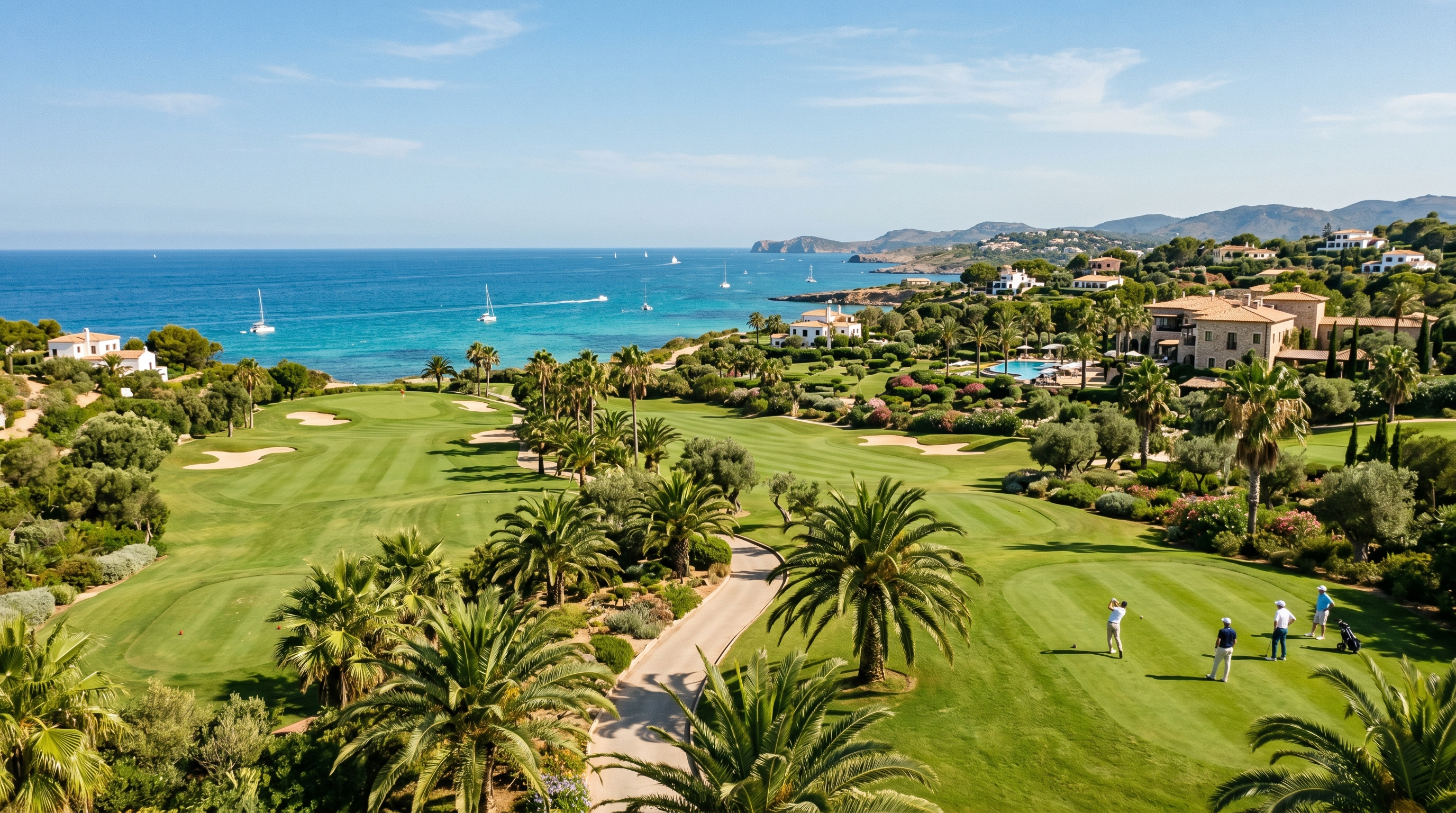 Sunny Mediterranean golf resort with palm trees and ocean view