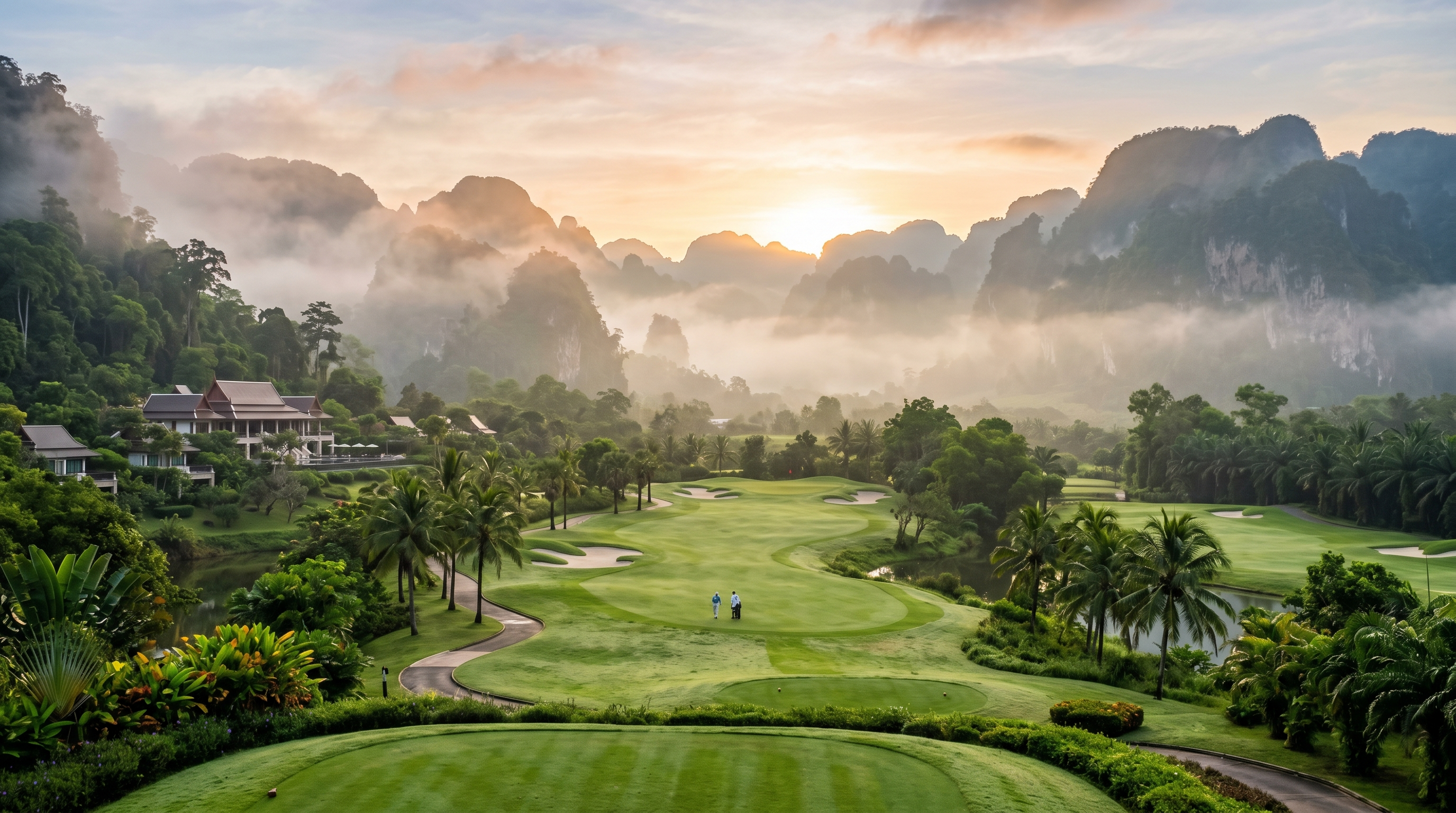 Thailand luxury golf resort with tropical mountains and mist at sunrise