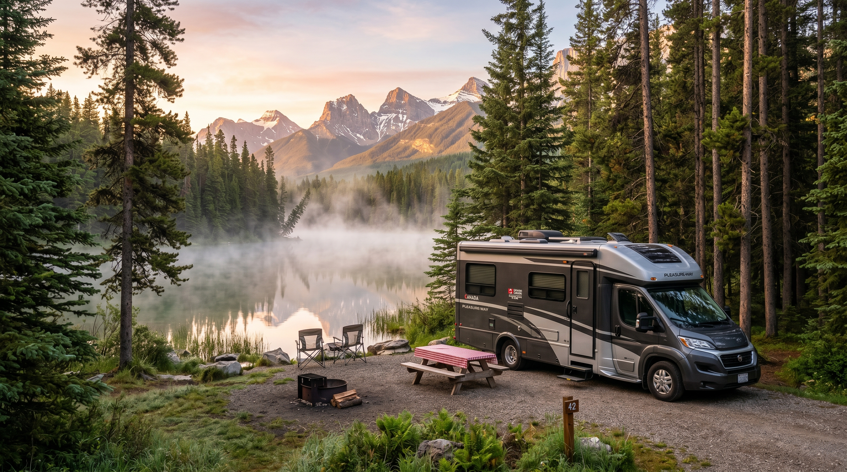 RV campsite in a Canadian provincial park beside a quiet lake at sunrise
