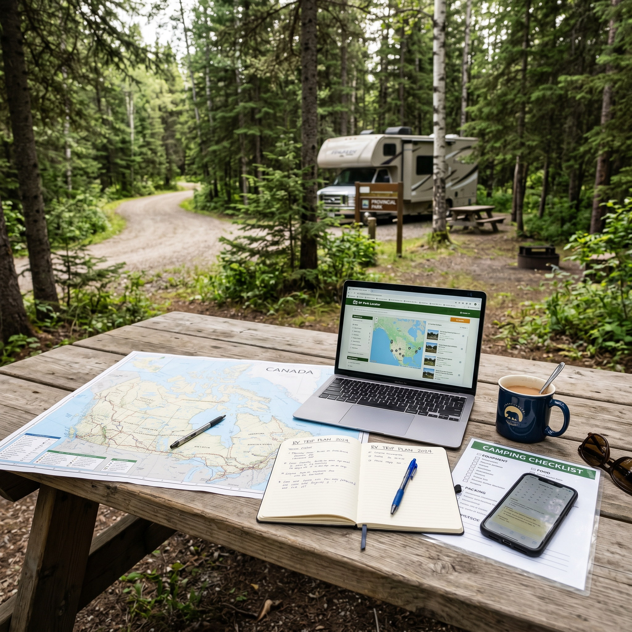 Camping trip planning setup with map laptop checklist and coffee on a picnic table