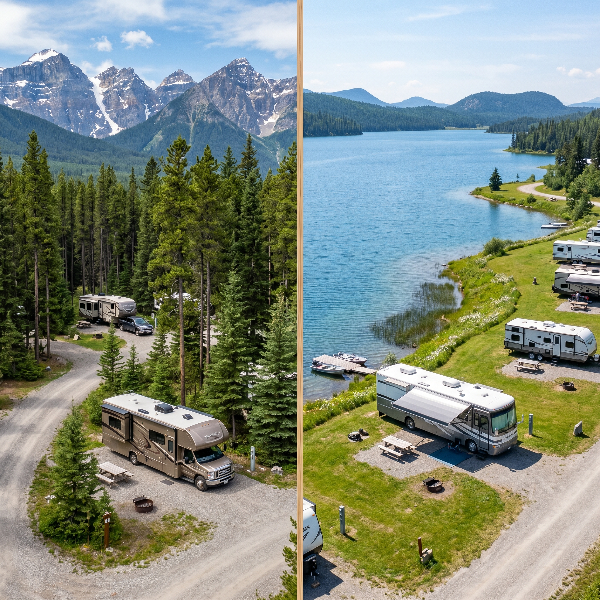Two different provincial park campground landscapes with mountain forest camping and lakeside camping