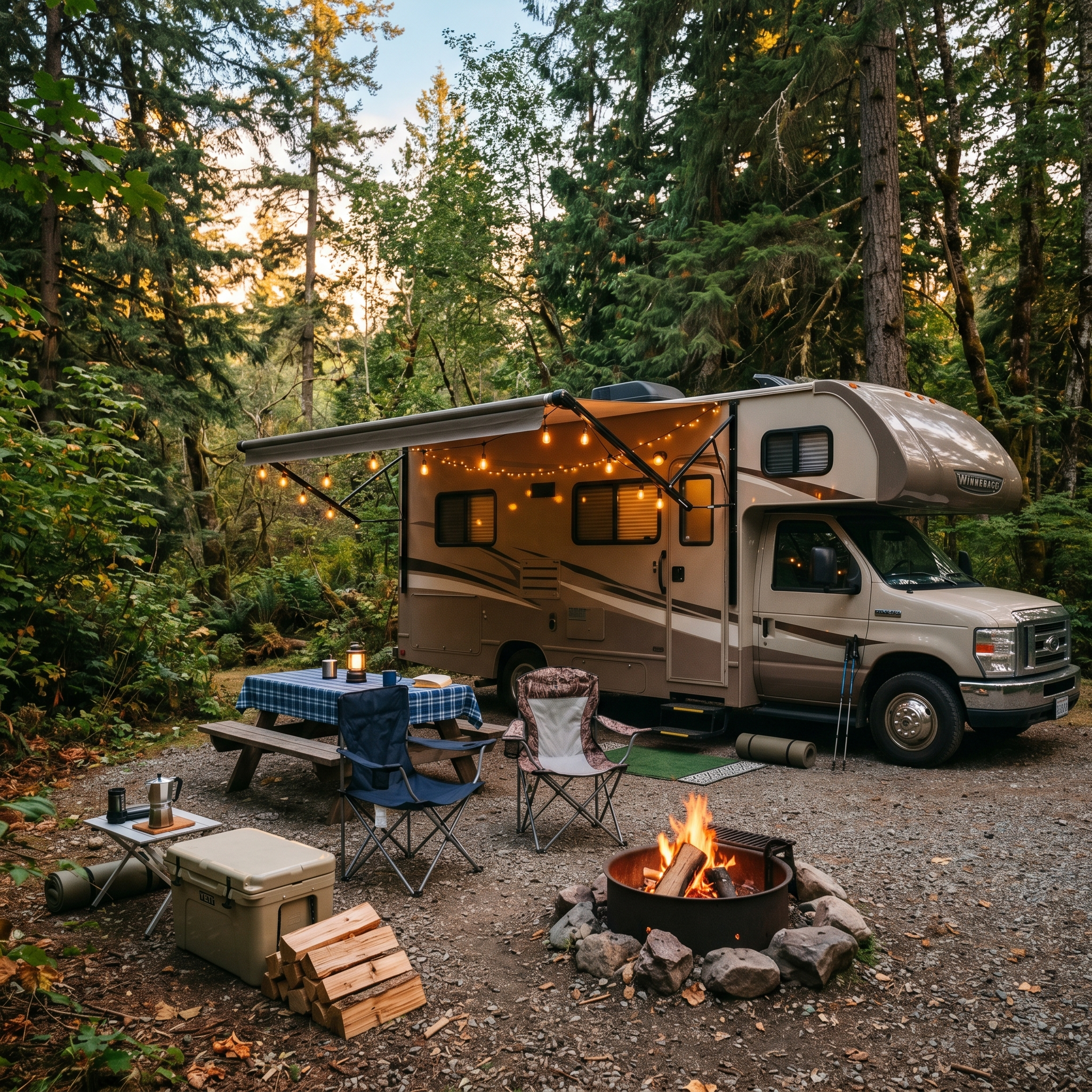 Fully set up RV campsite in a forested provincial park with chairs fire pit and picnic table