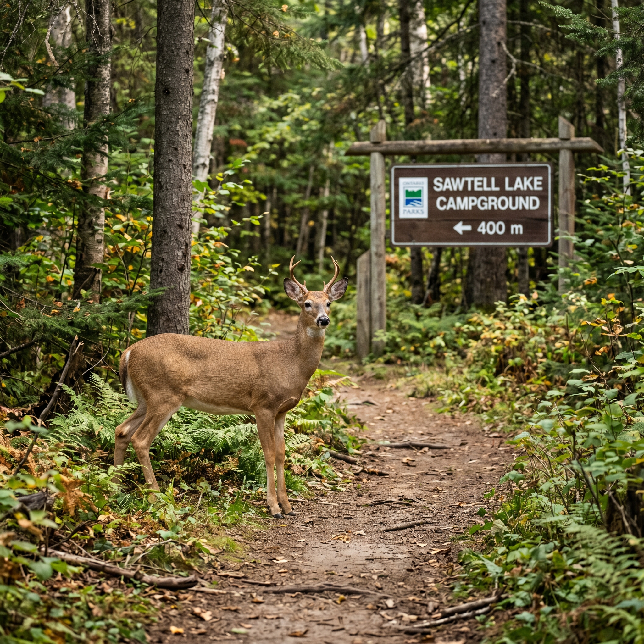 Deer near a forest trail in a Canadian provincial park with campground sign in the background
