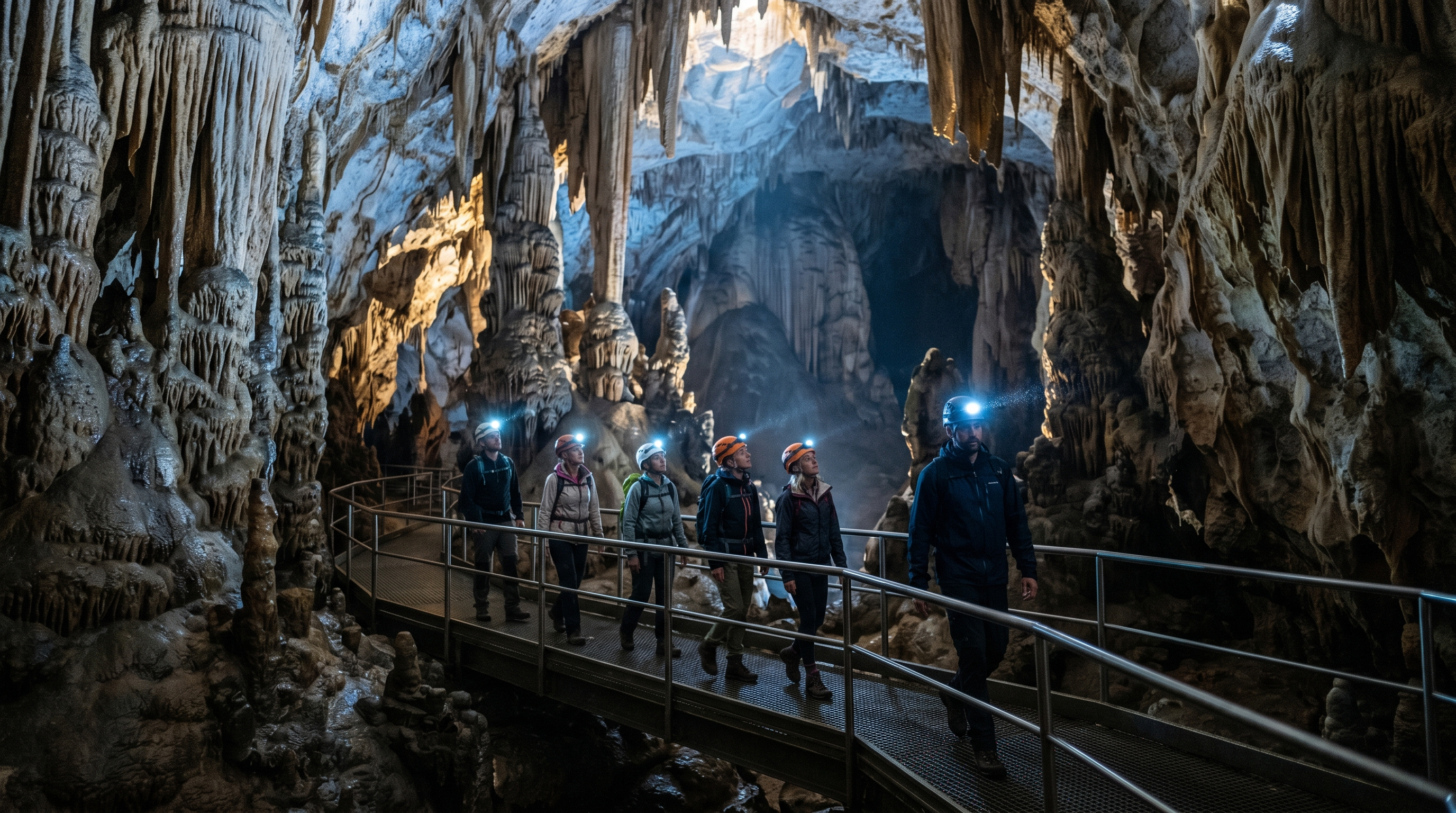 Guided travelers exploring a massive limestone cave with headlamps and dramatic light beams