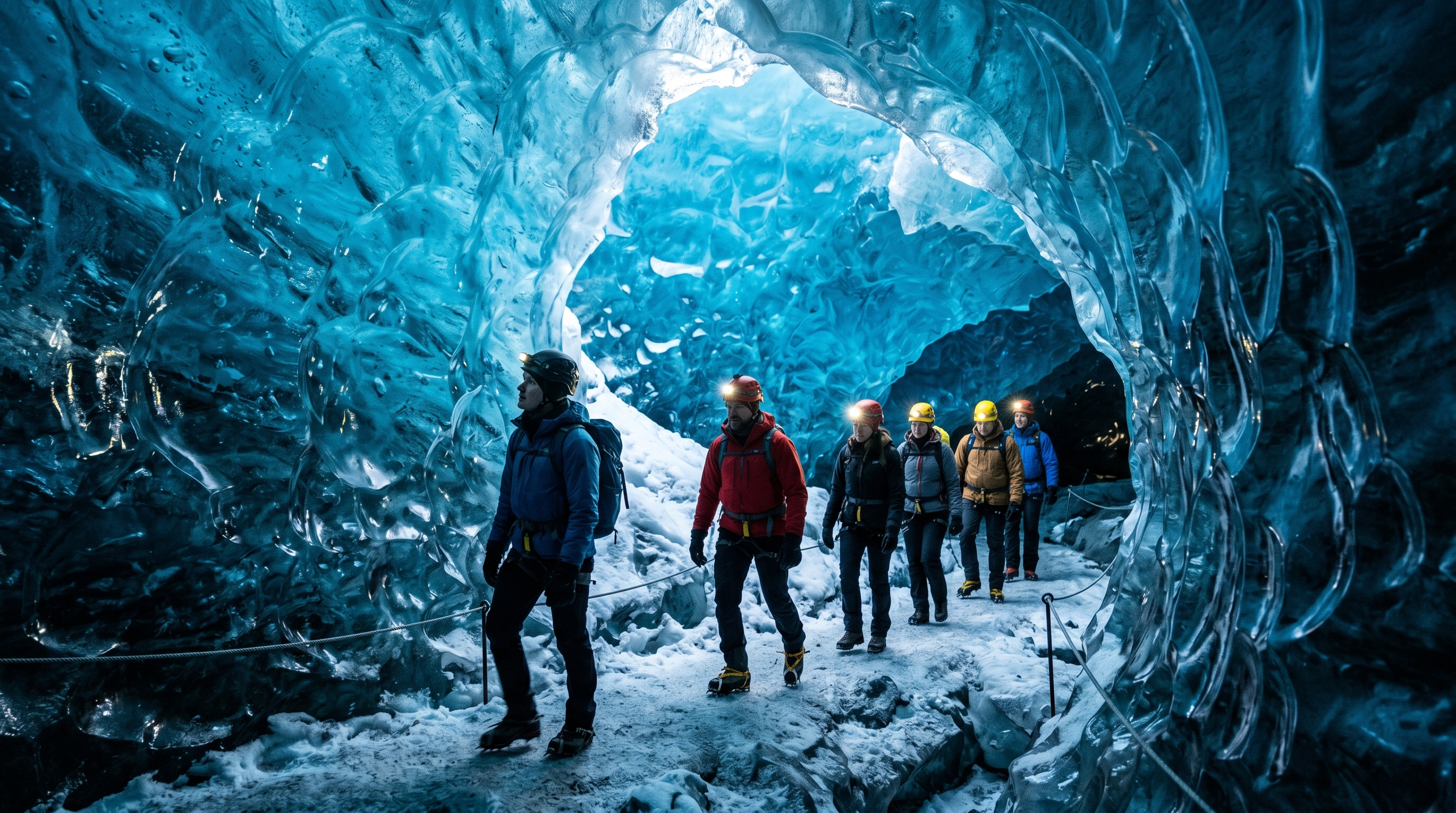 Blue glacier ice cave interior in Iceland with guided travelers wearing helmets