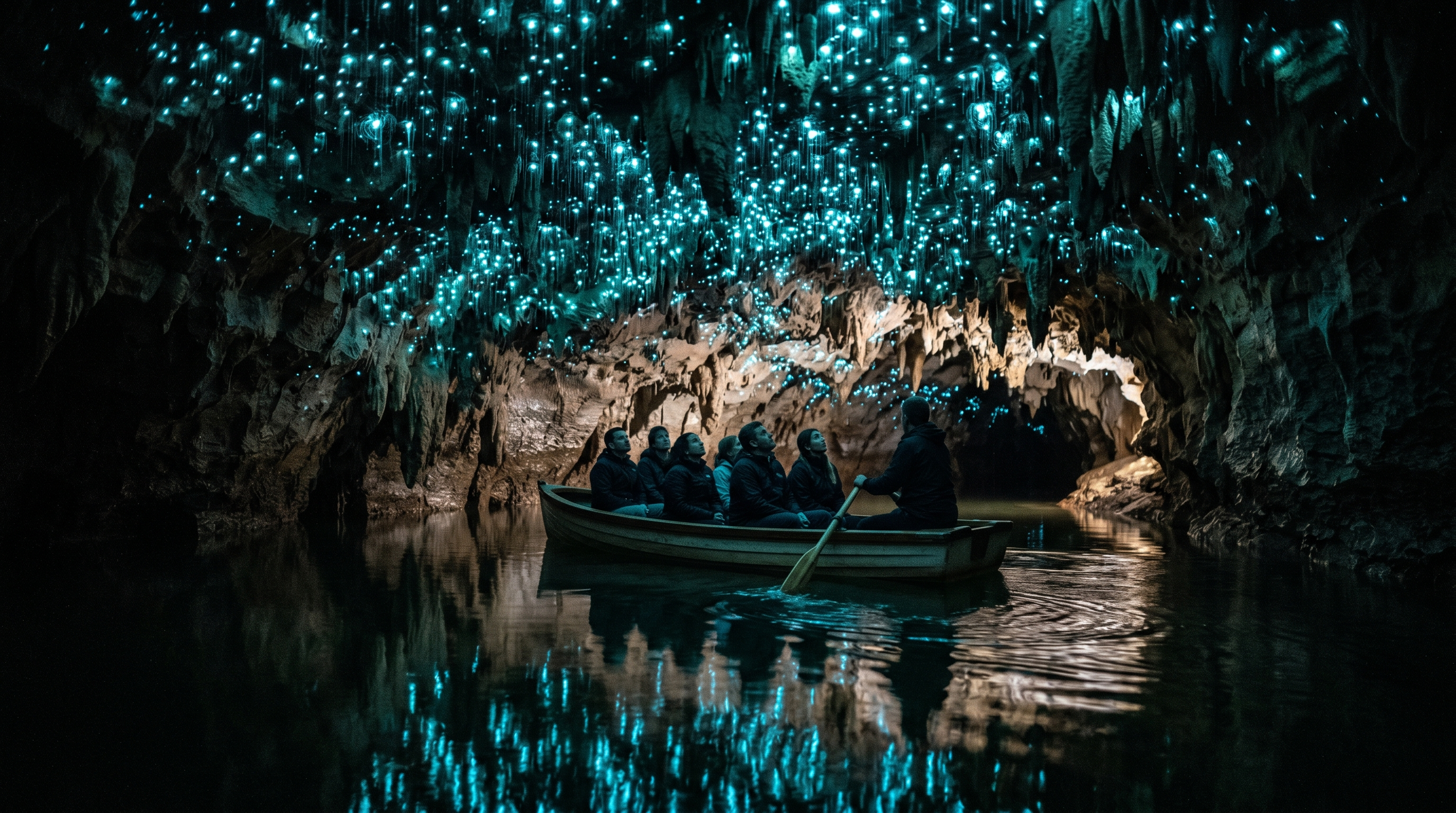 Waitomo style glowworm cave with glowing blue ceiling and underground boat tour