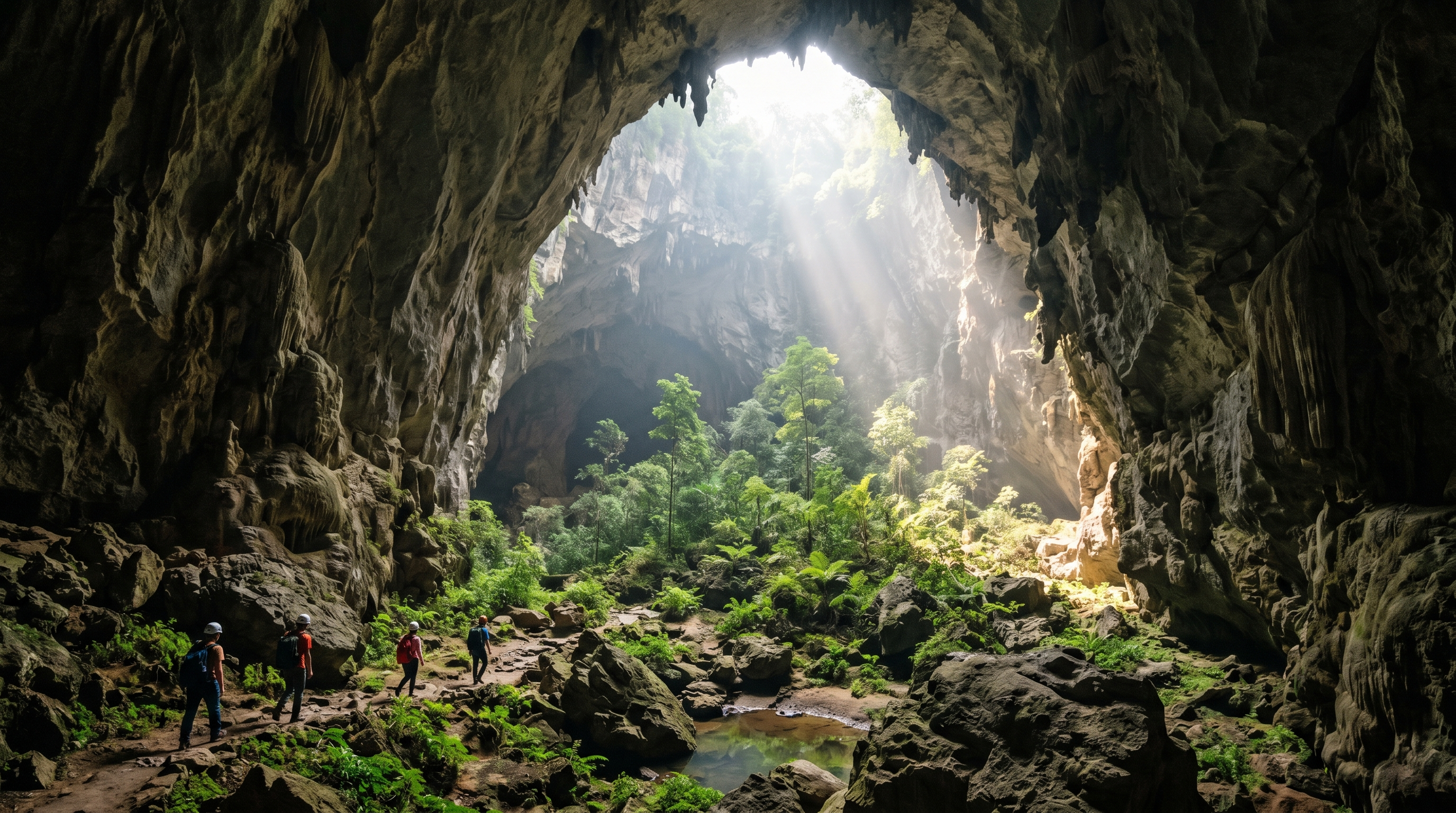 Massive Vietnam cave interior with underground jungle and sunlight beams
