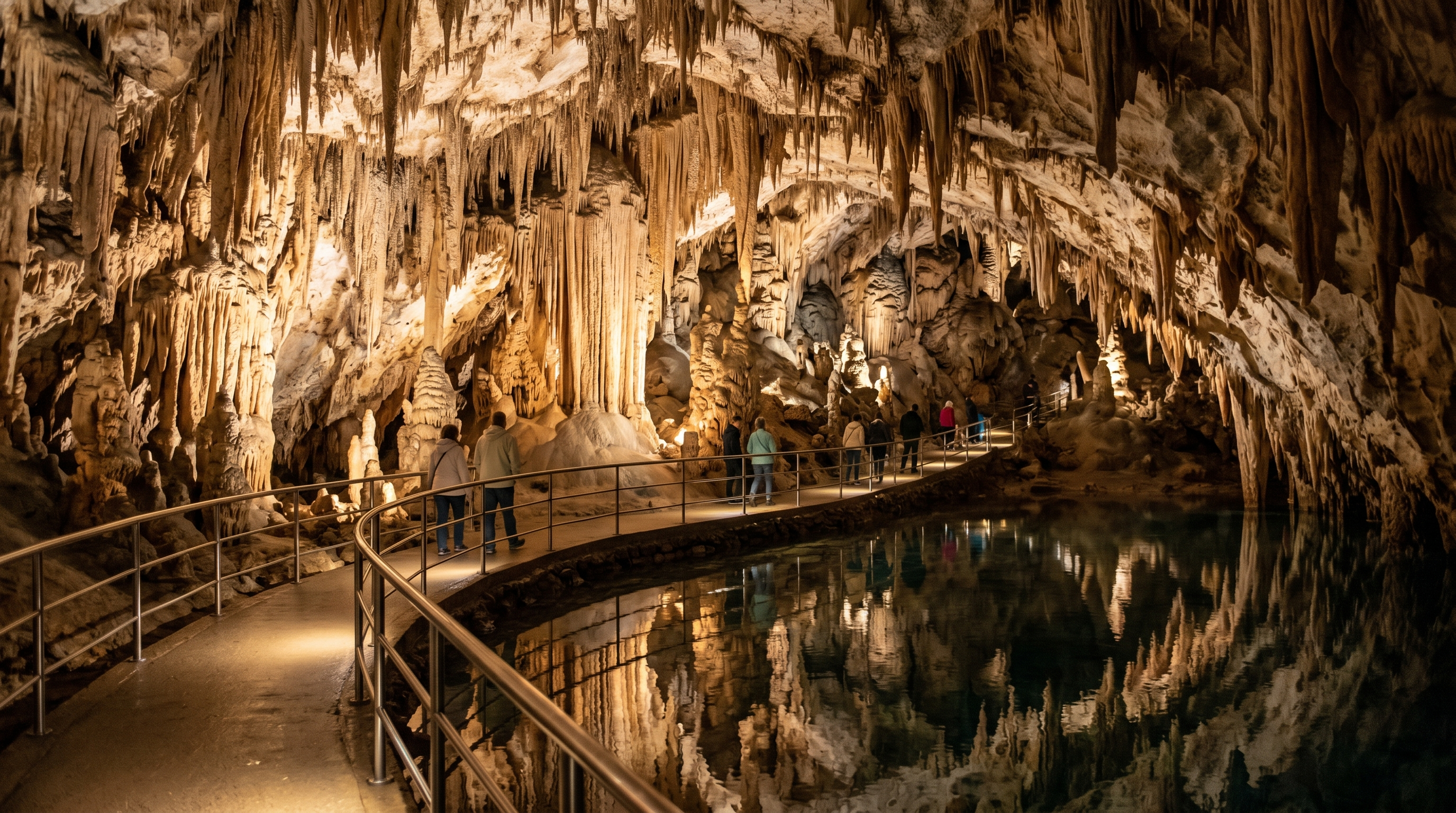 European limestone cave with stalactites, stalagmites, underground lake and lit walking path