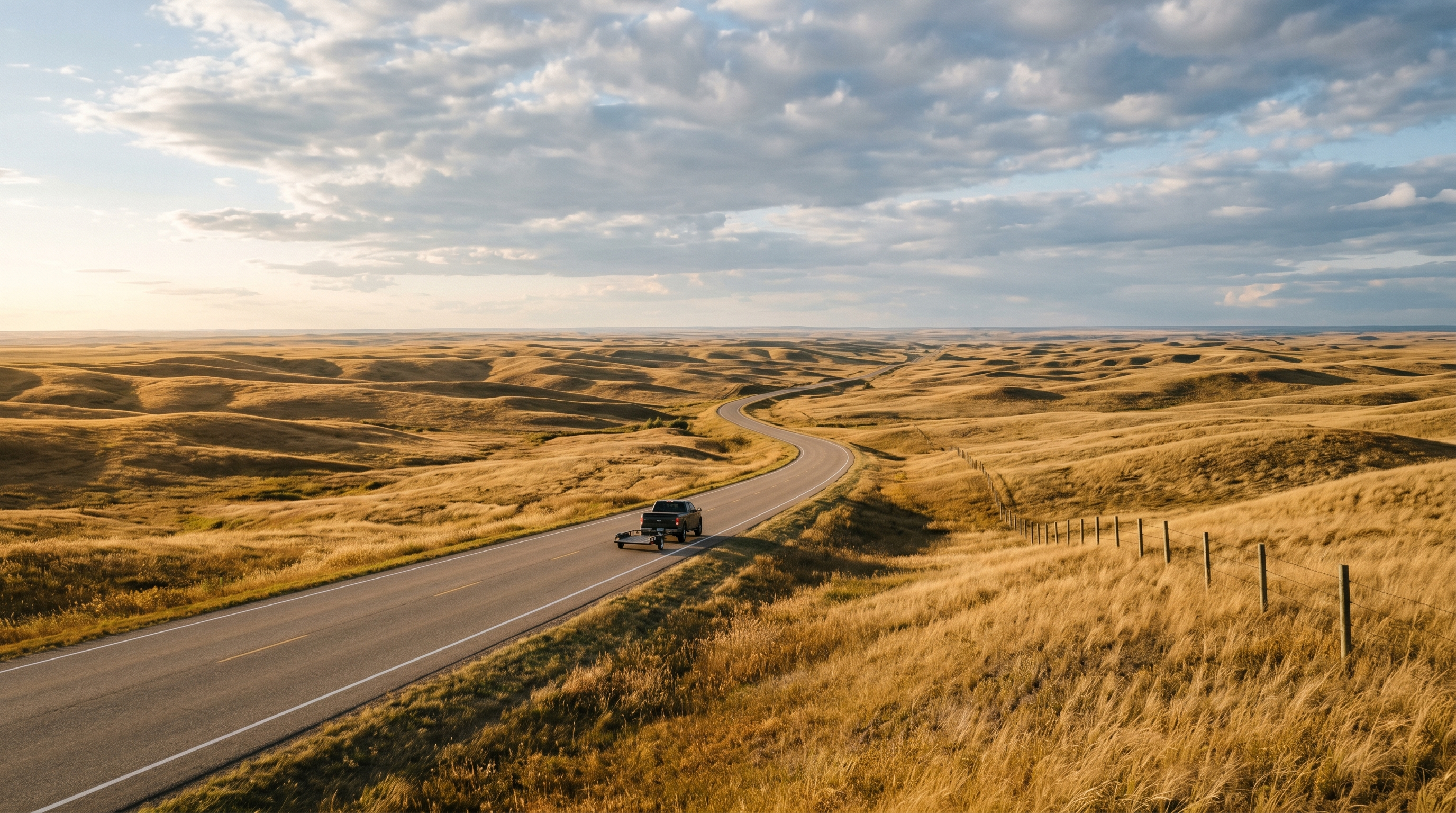 Open prairie road in Saskatchewan with wide sky and rolling landscape