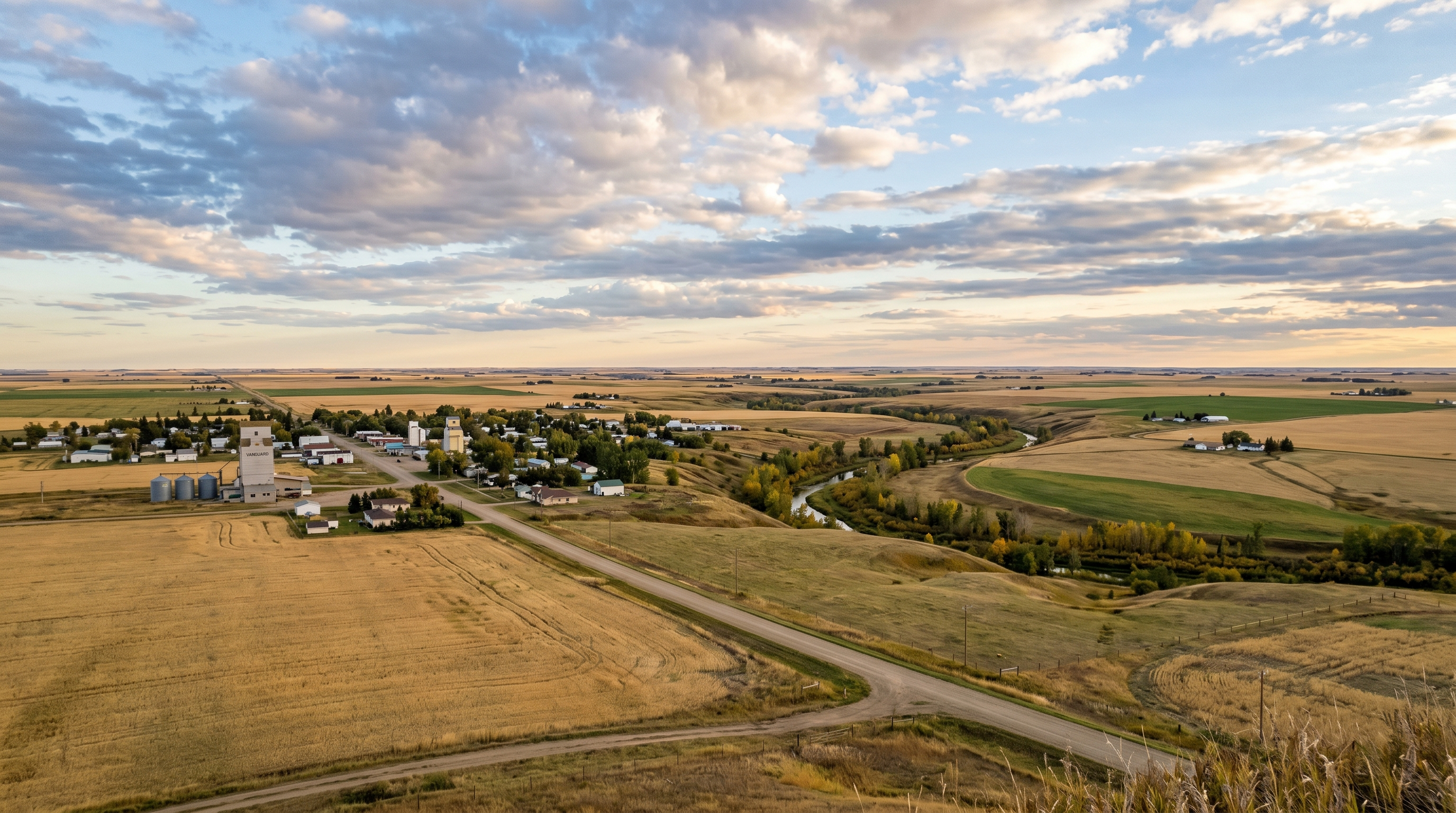 Vanguard Saskatchewan prairie town and farmland landscape