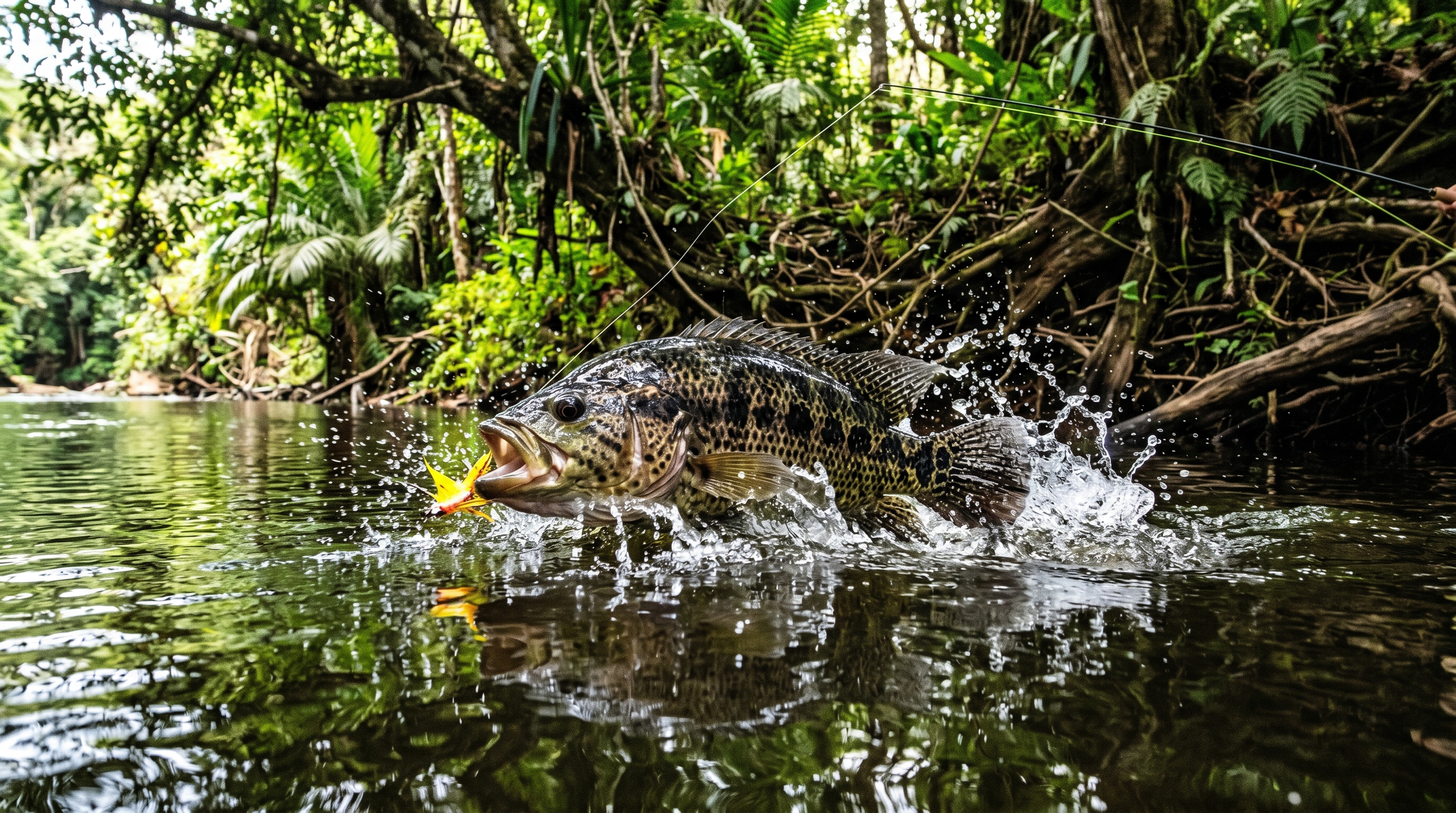 Guapote striking a fly near jungle river structure in Costa Rica