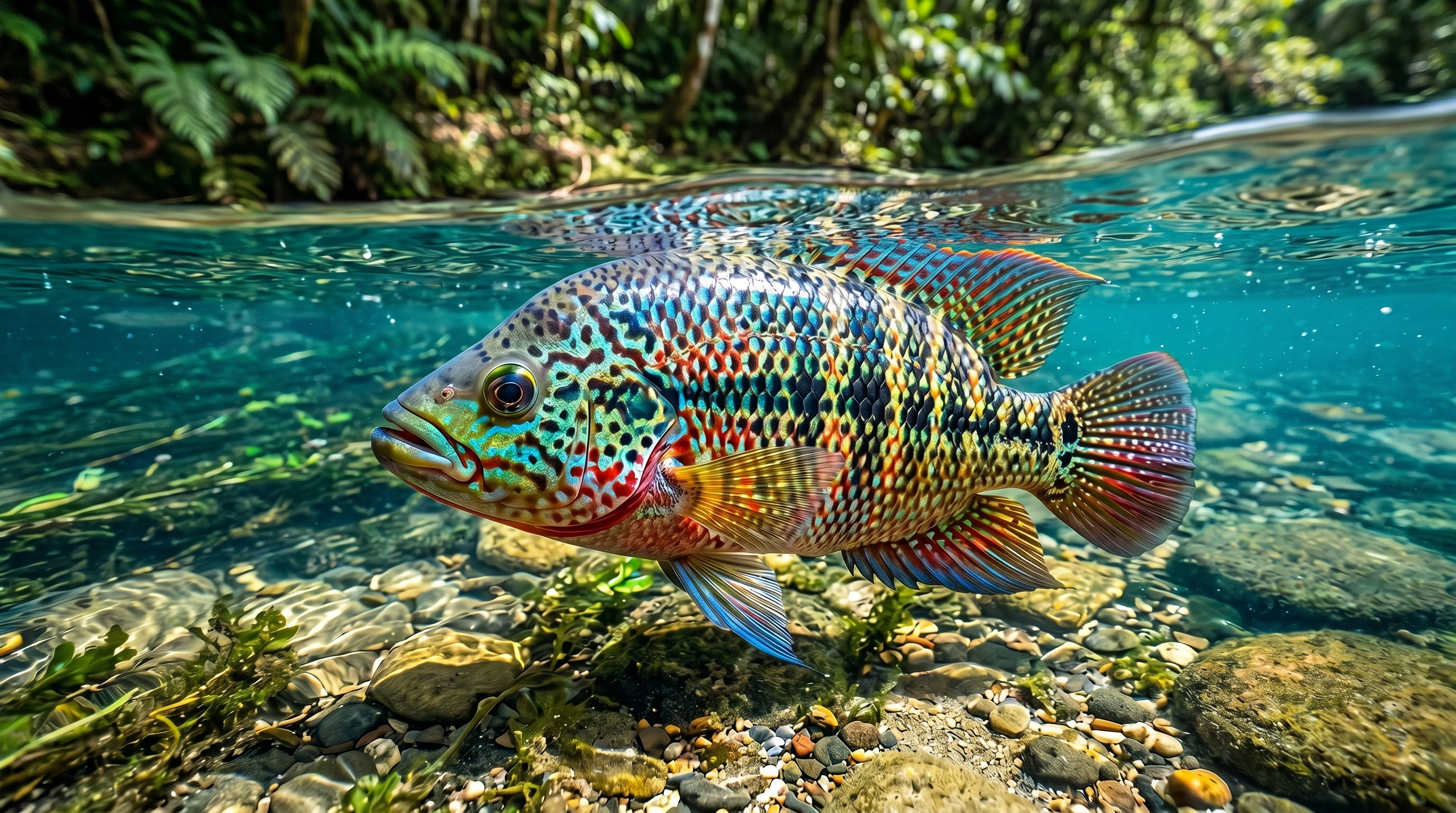Colorful guapote rainbow bass in a Costa Rica freshwater river