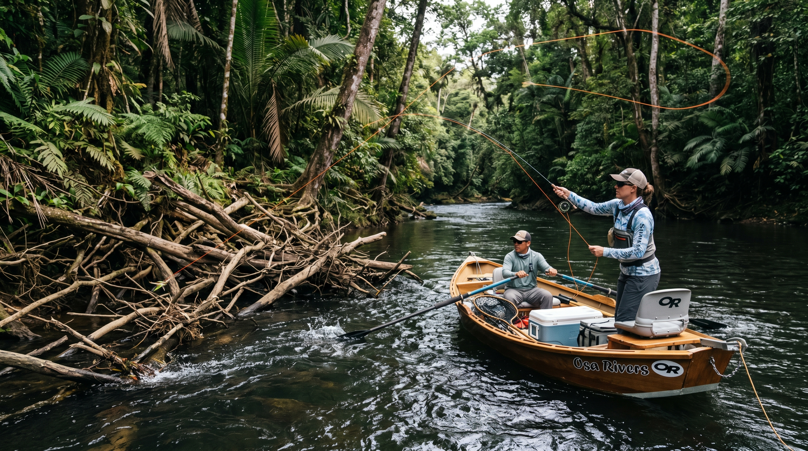 Fly angler casting toward fallen trees and riverbank structure in Costa Rica