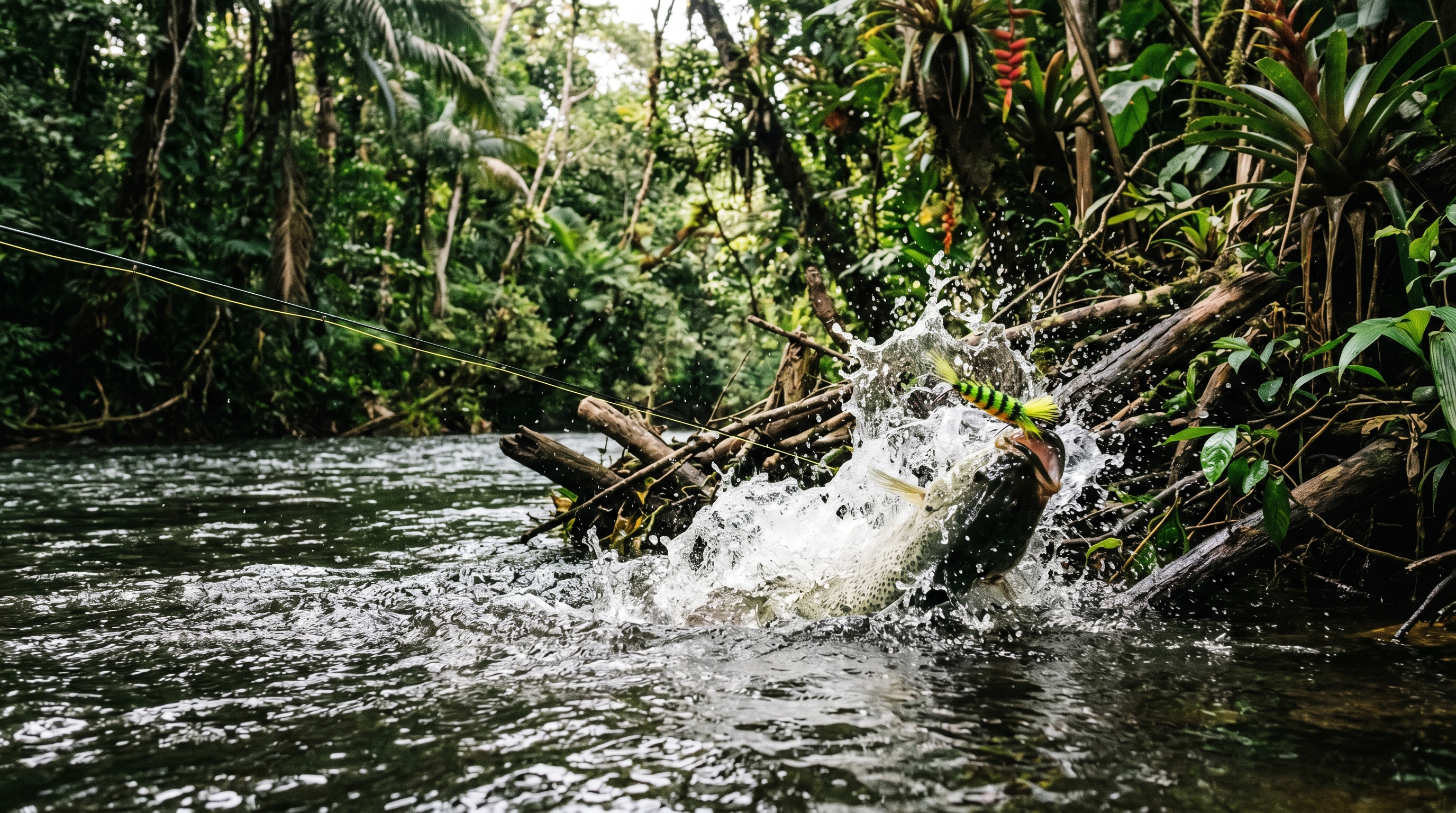Topwater fly strike near jungle riverbank structure in Costa Rica