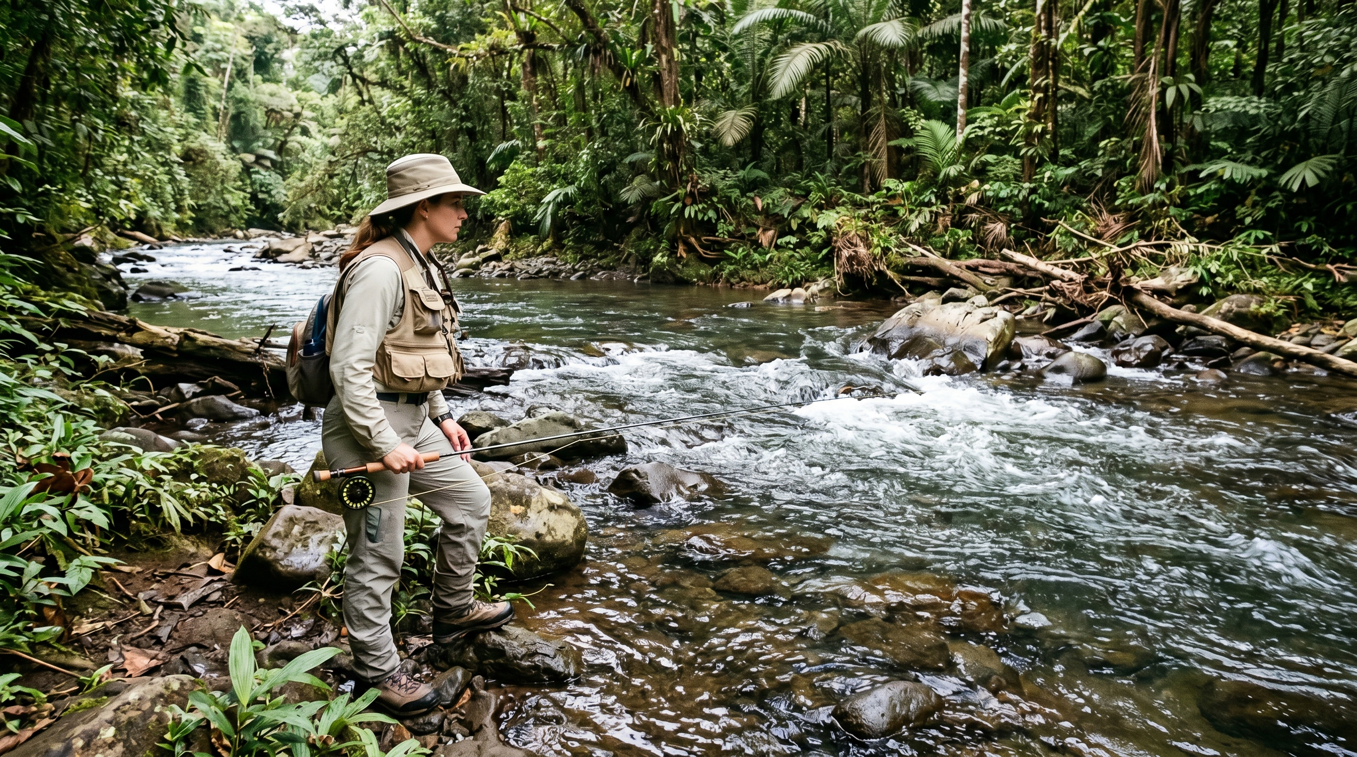 Fly angler reading current and river conditions before wading in Costa Rica
