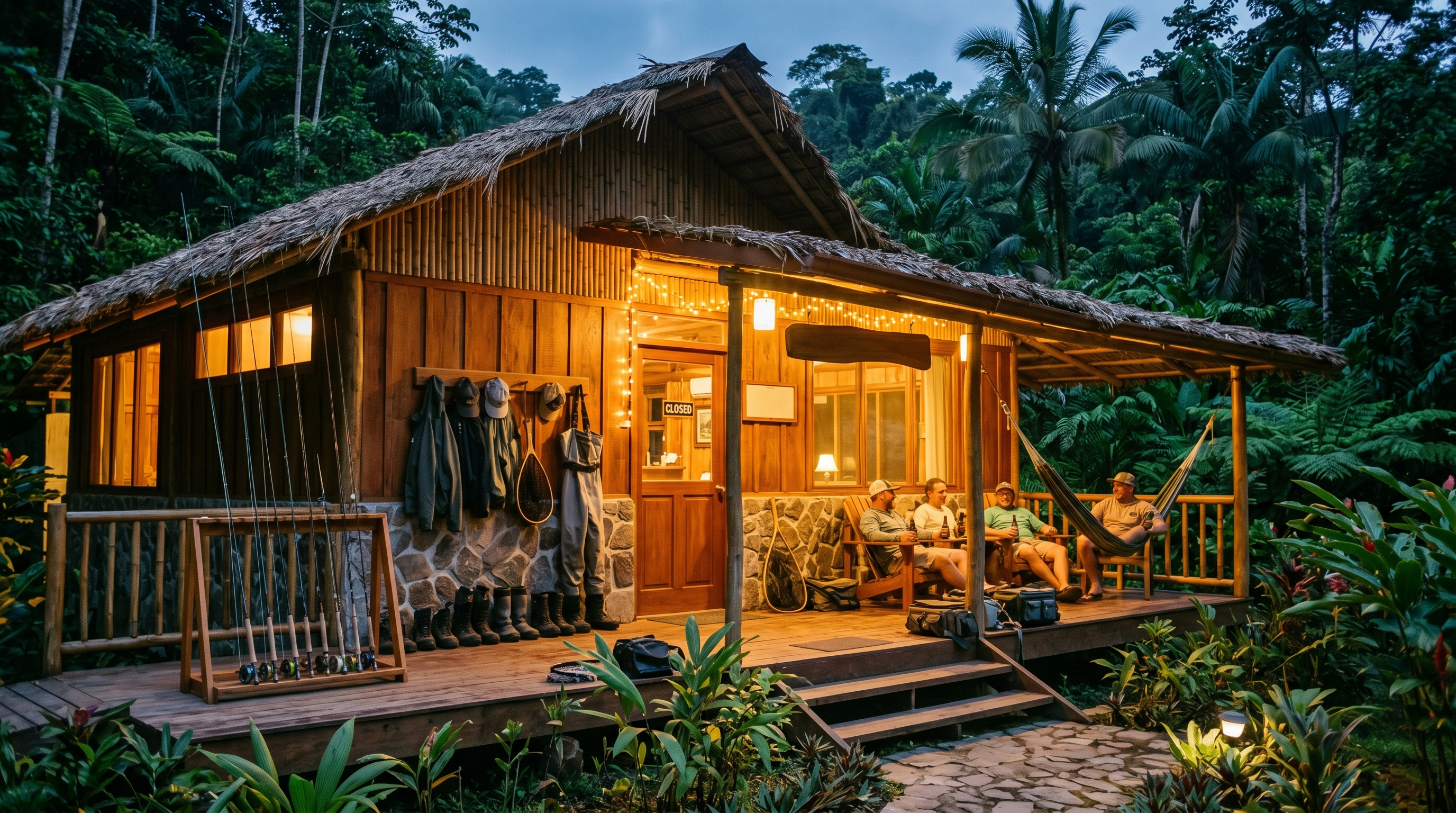 Costa Rica fishing lodge with gear drying after a day on the river