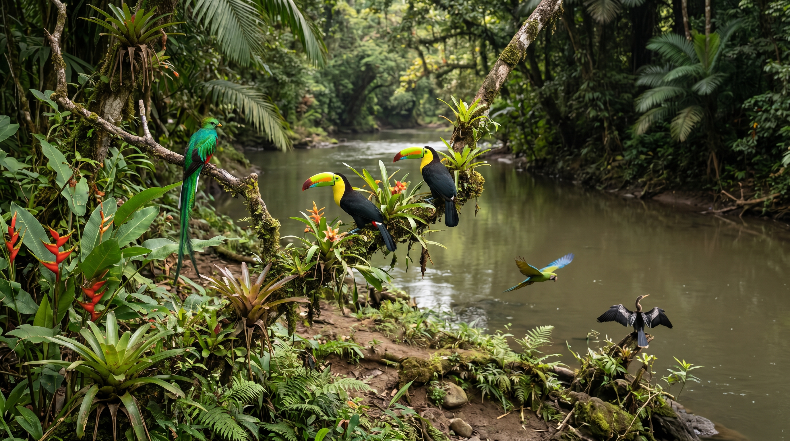 Tropical wildlife and riverbank nature in northern Costa Rica