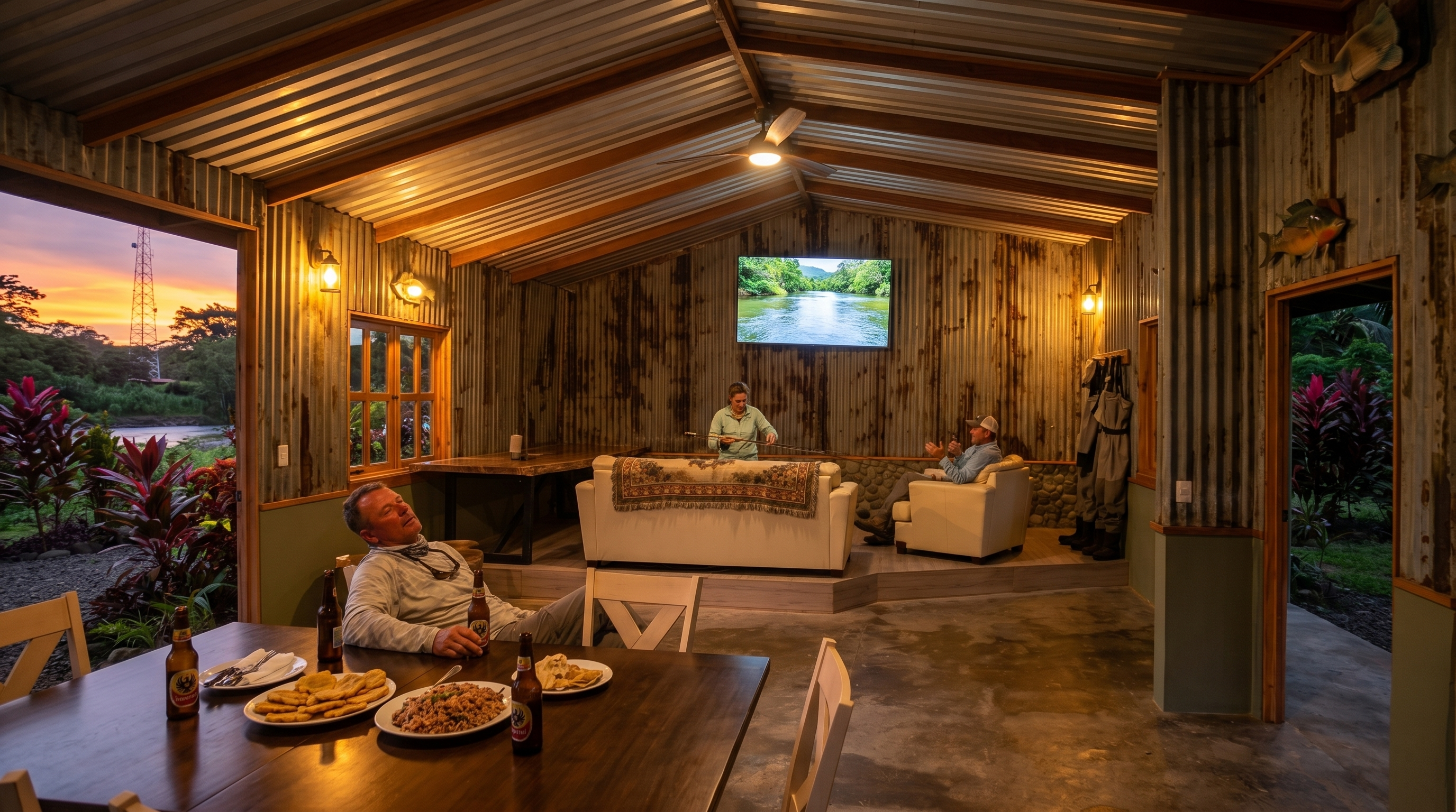 Relaxed fishing lodge atmosphere in northern Costa Rica after a river day