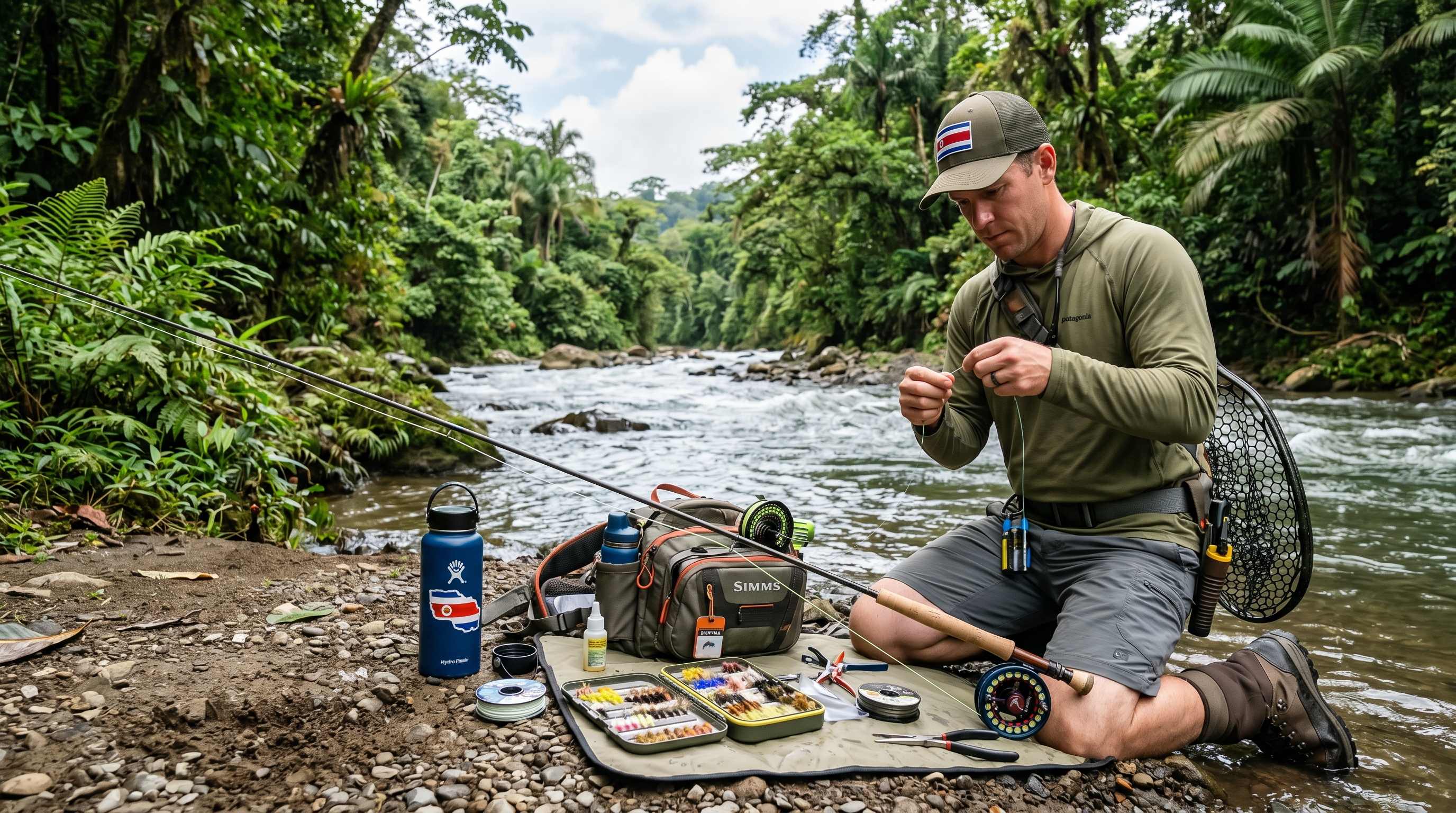 Fly angler organizing gear beside a Costa Rica jungle river