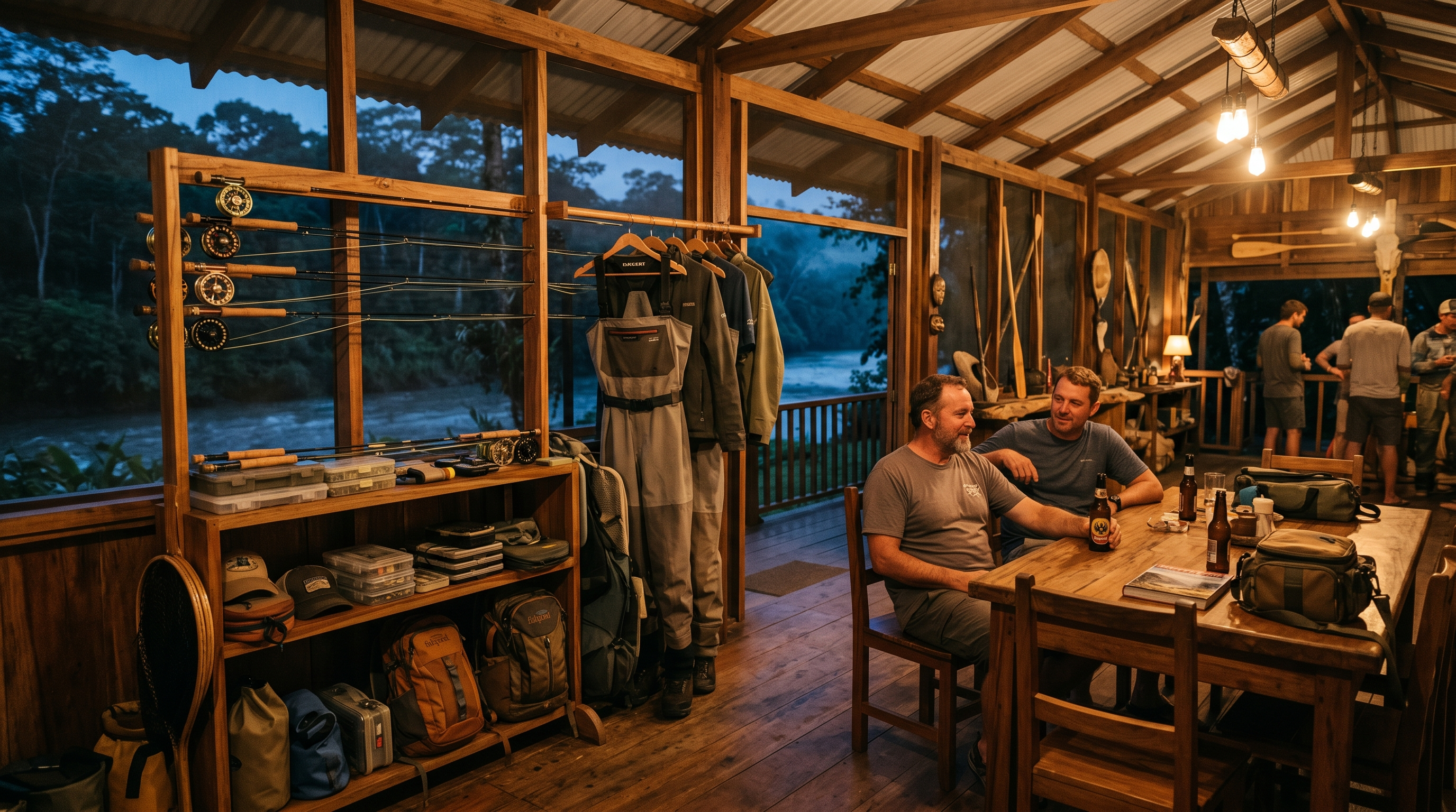 Fishing gear drying inside a Costa Rica lodge after a river day