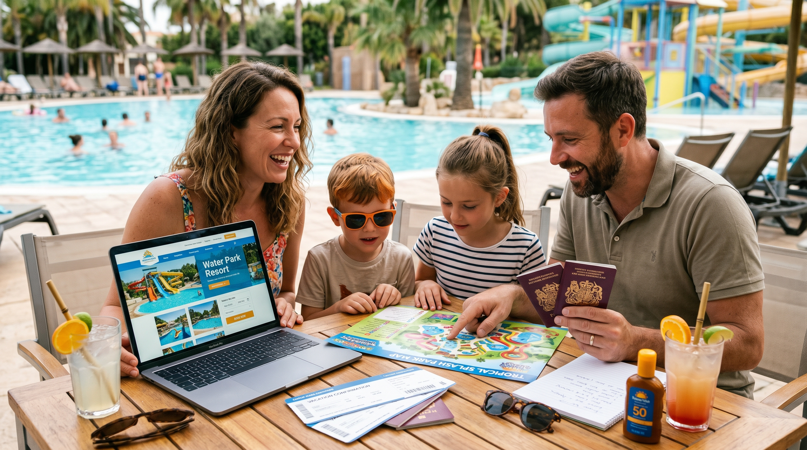 Family planning a water park vacation with laptop, tickets, maps, and travel items