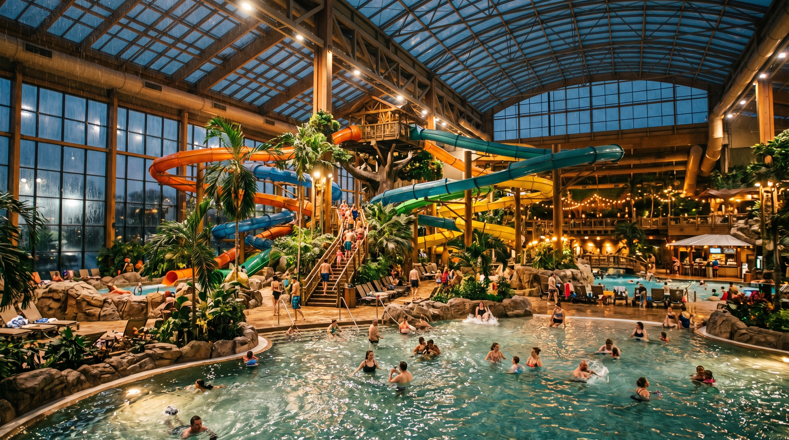 Indoor water park resort with slides, glass ceiling, pools, and family vacation atmosphere