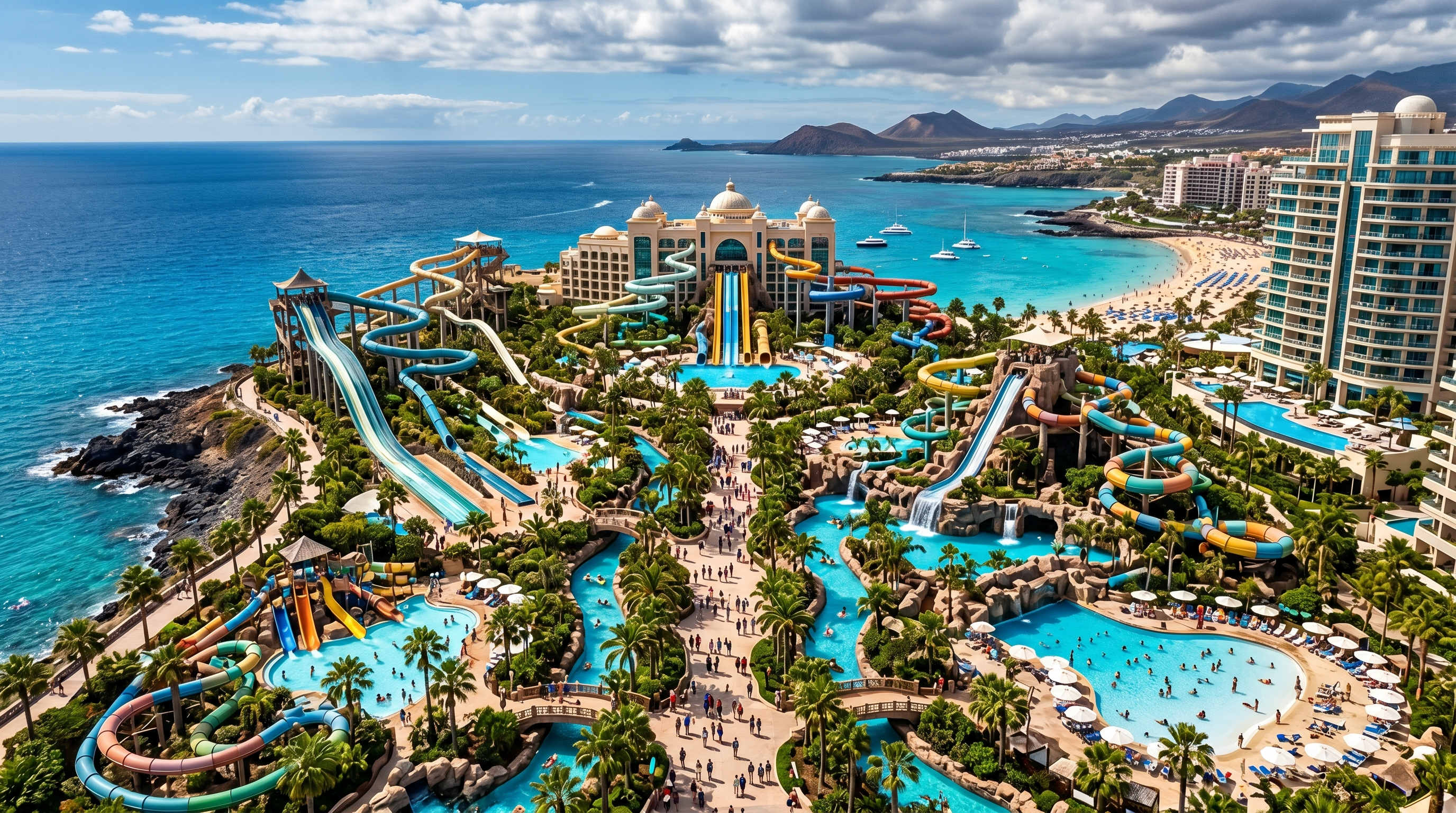 Luxury oceanfront water park resort with slides and pools