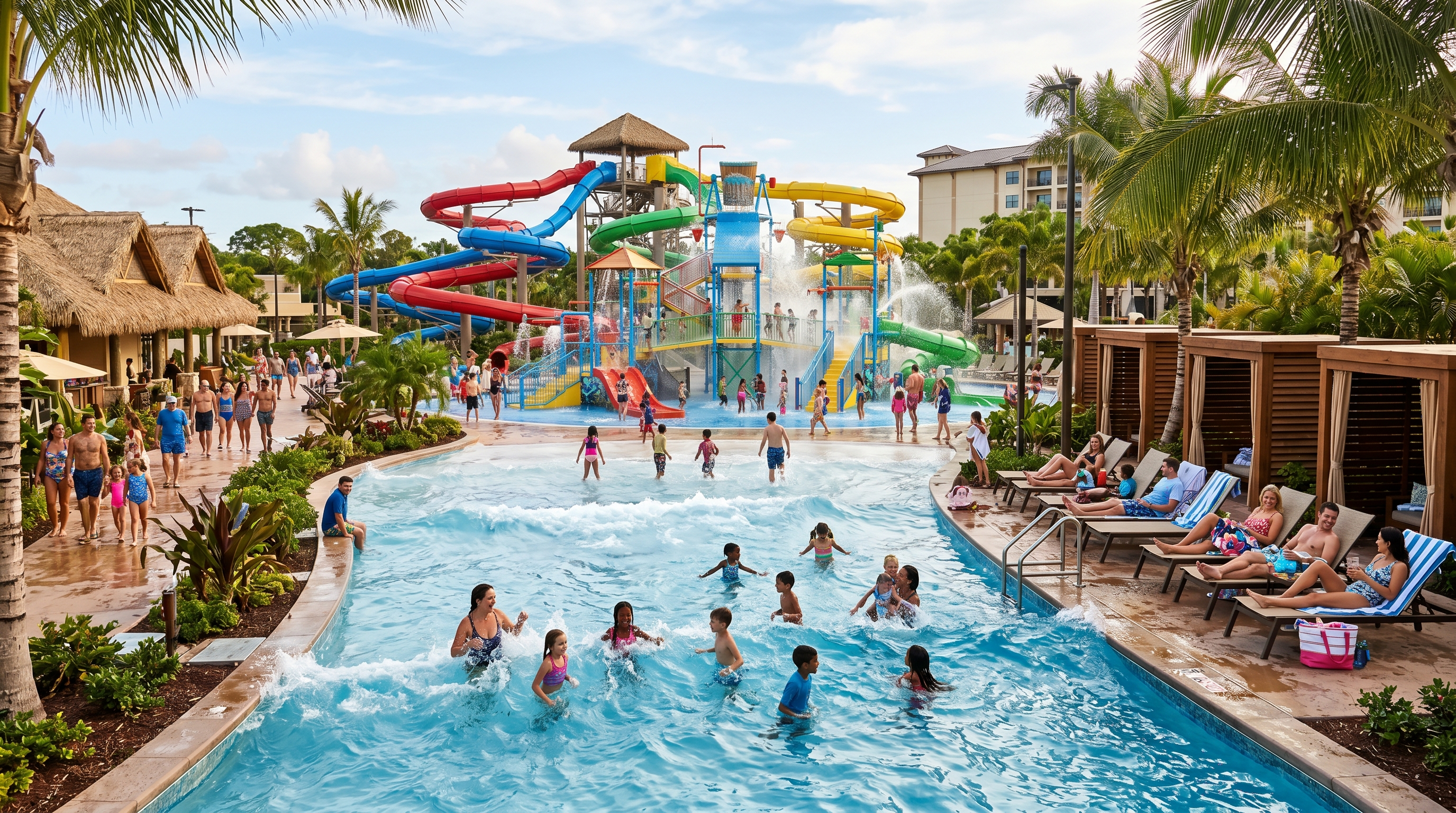 Large family water park resort with wave pool, cabanas, and slides