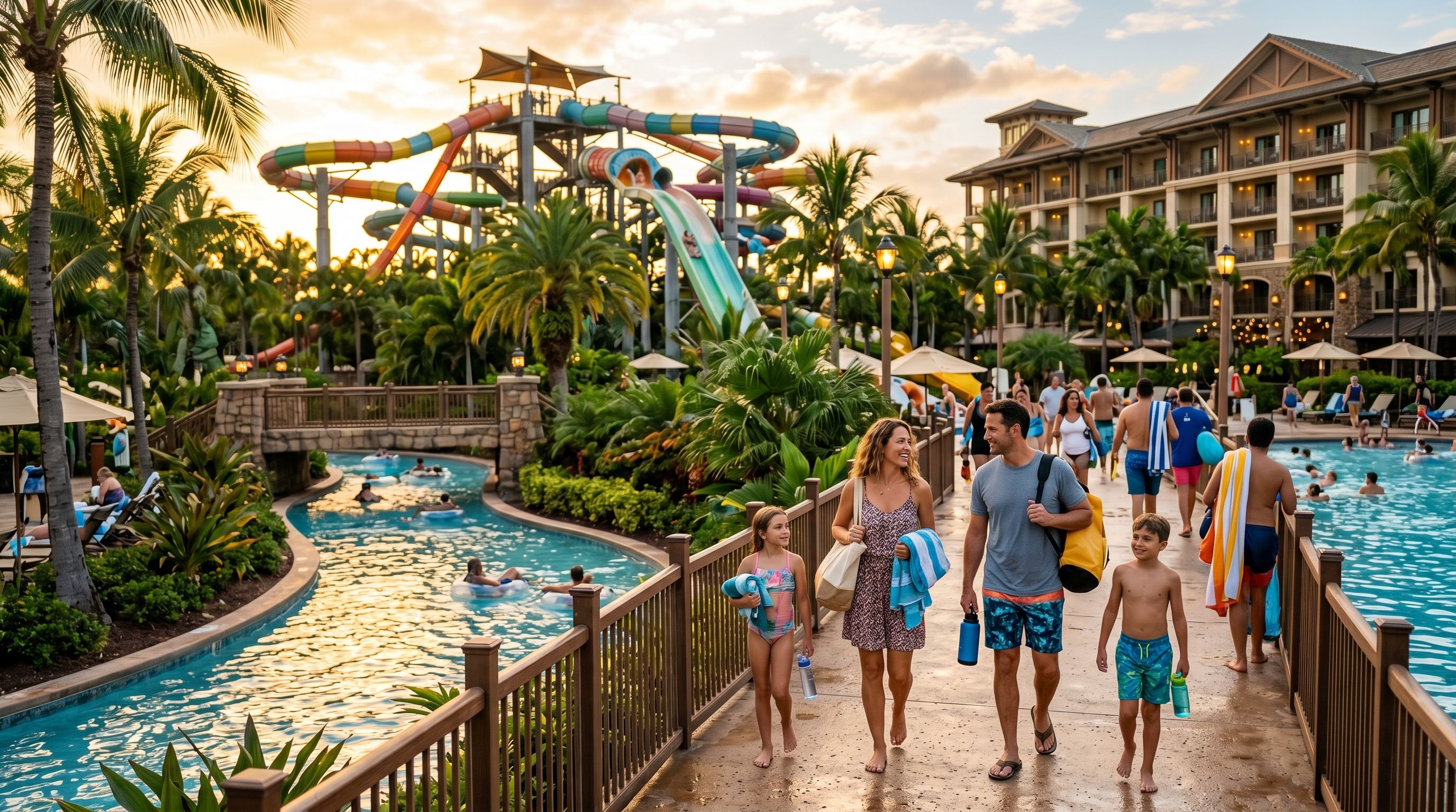 Family water park vacation resort with slides, pools, and tropical setting