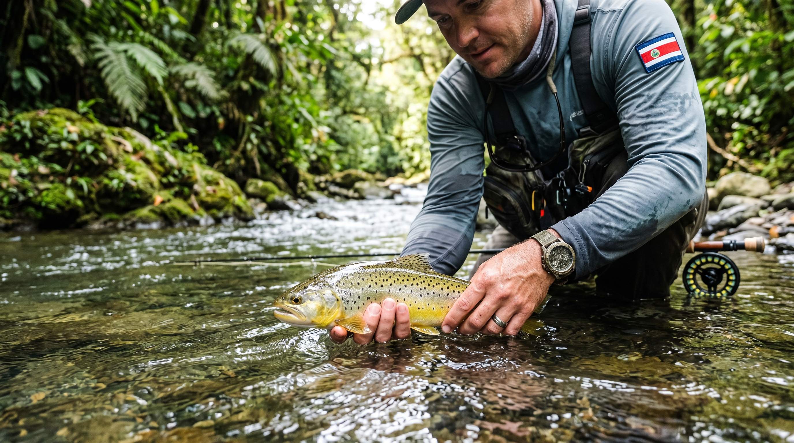 Fly angler carefully releasing a freshwater fish in a Costa Rica jungle river
