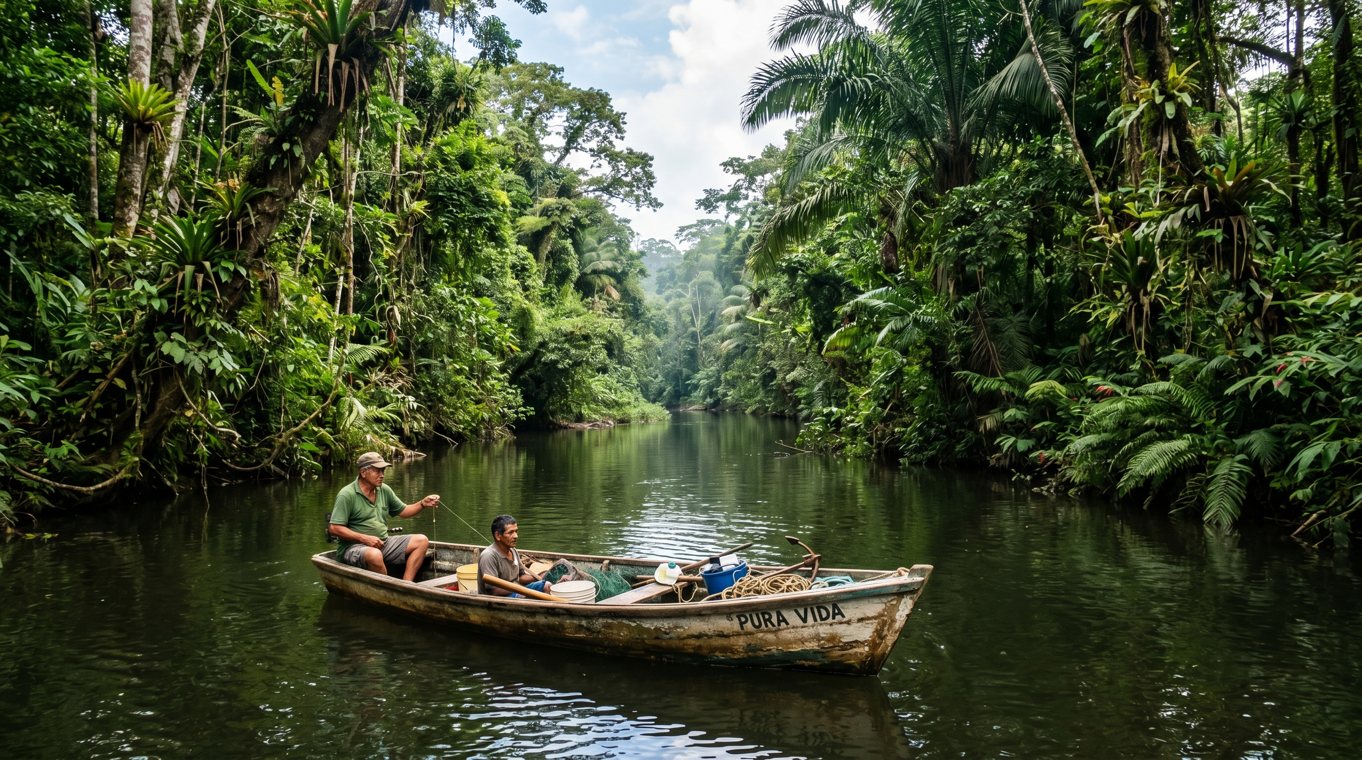Small fishing boat drifting quietly through a Costa Rica jungle river