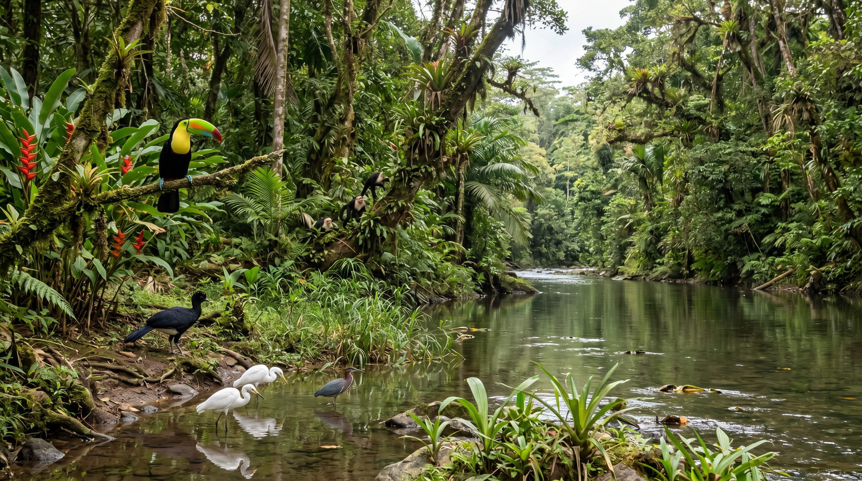 Tropical wildlife beside a calm Costa Rica river in a protected jungle setting
