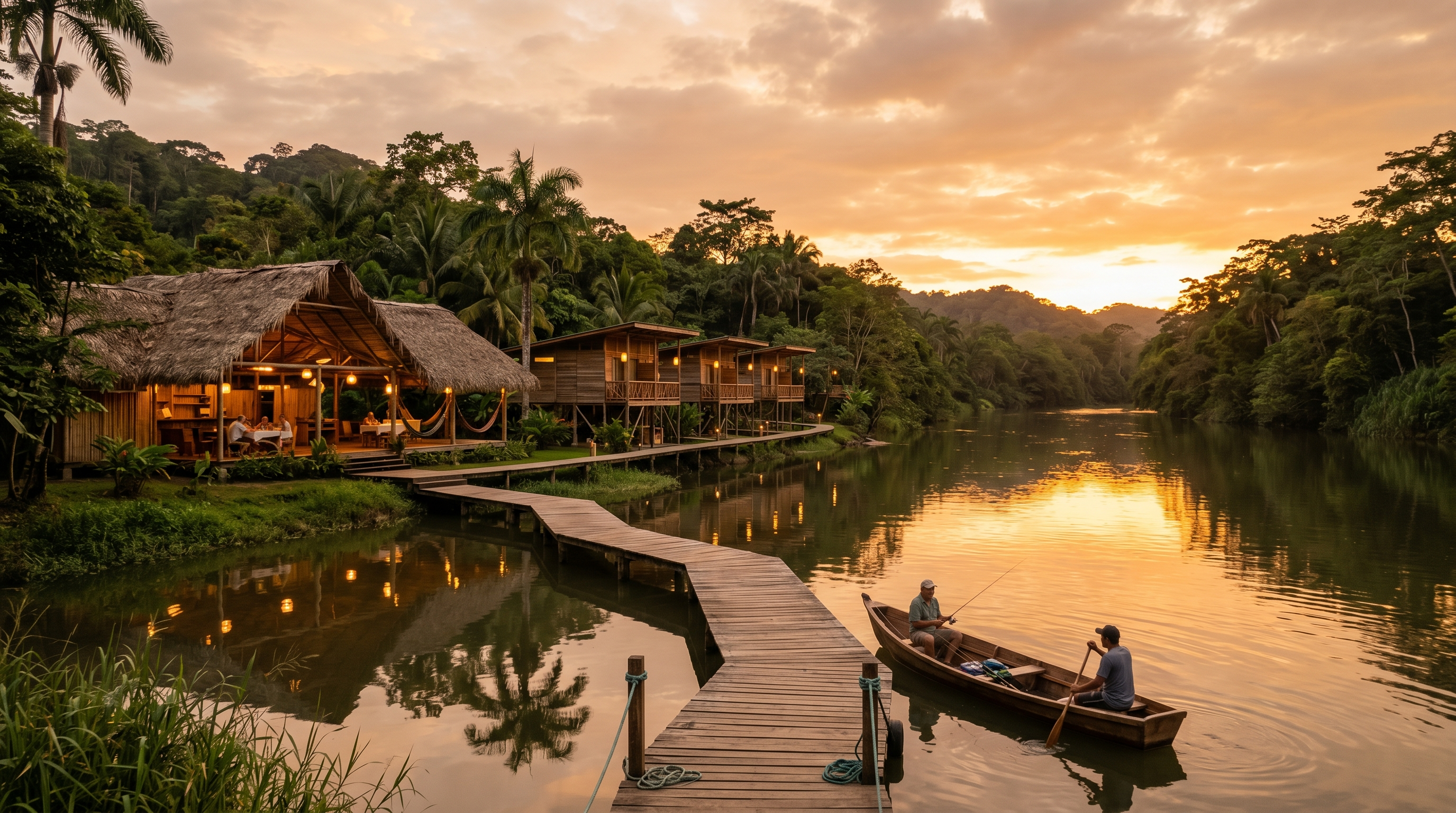 Eco-friendly Costa Rica fishing lodge beside a tropical river at sunset