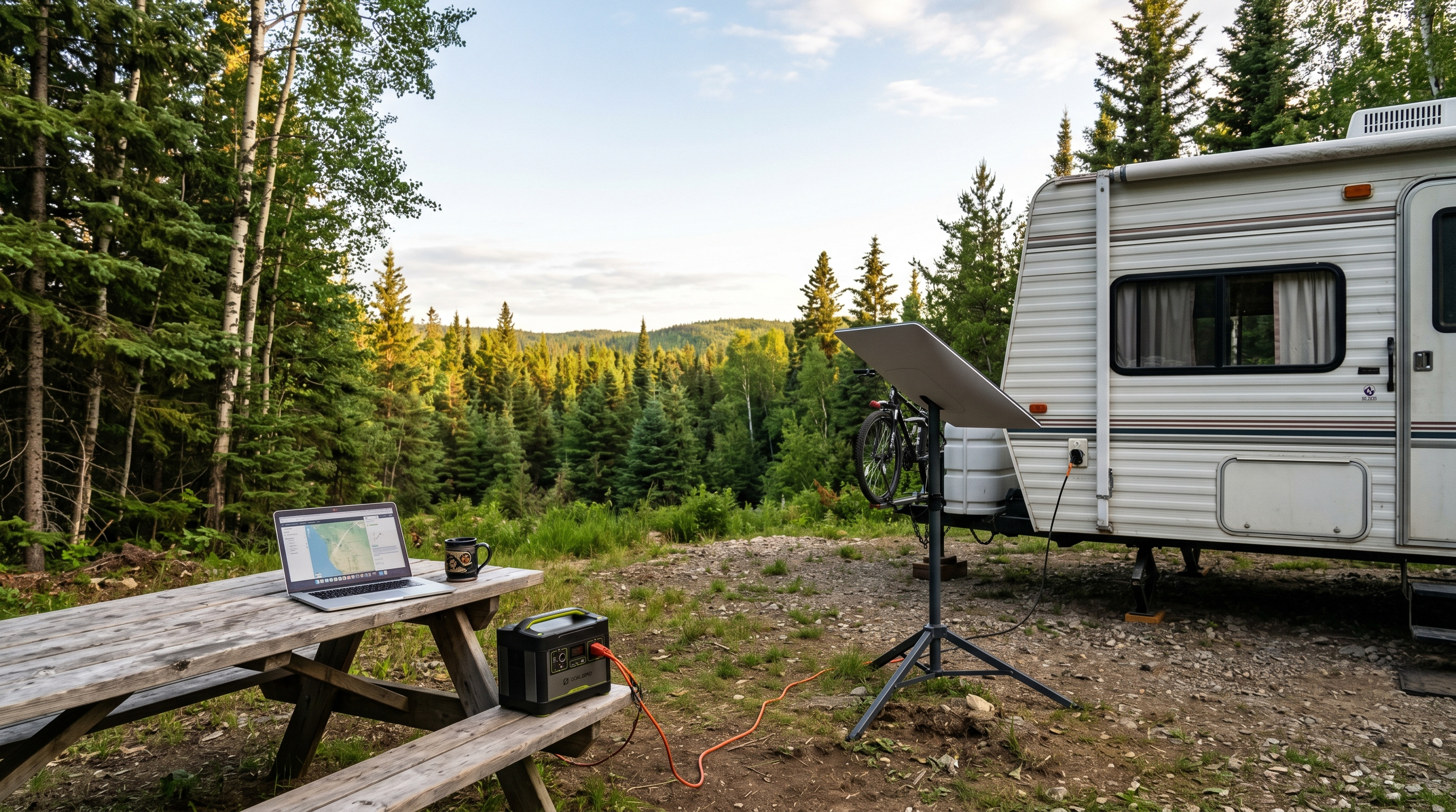 Travel trailer at an off-grid Canadian campsite with portable satellite internet dish and laptop workspace