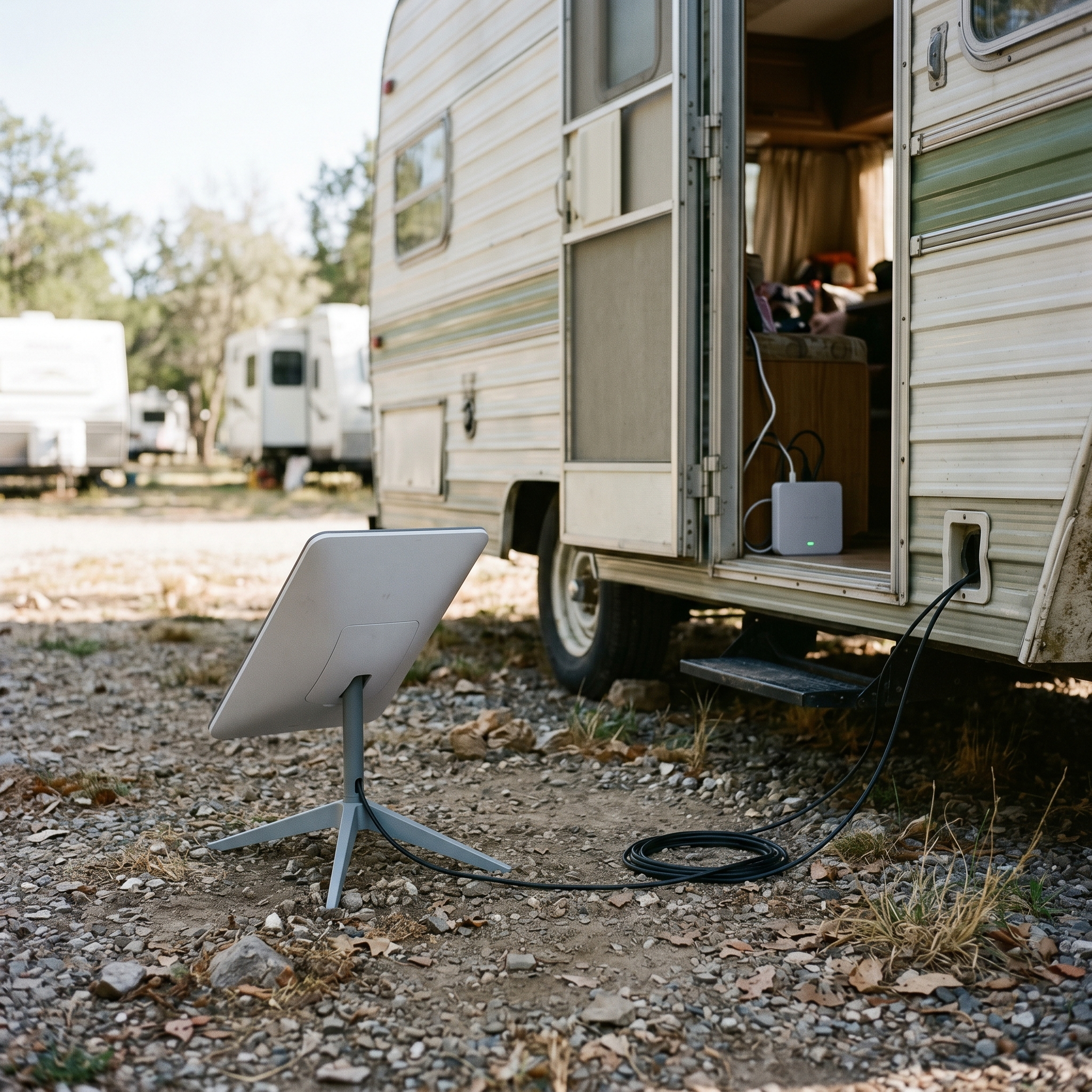Portable satellite internet dish beside RV with cable running toward the trailer